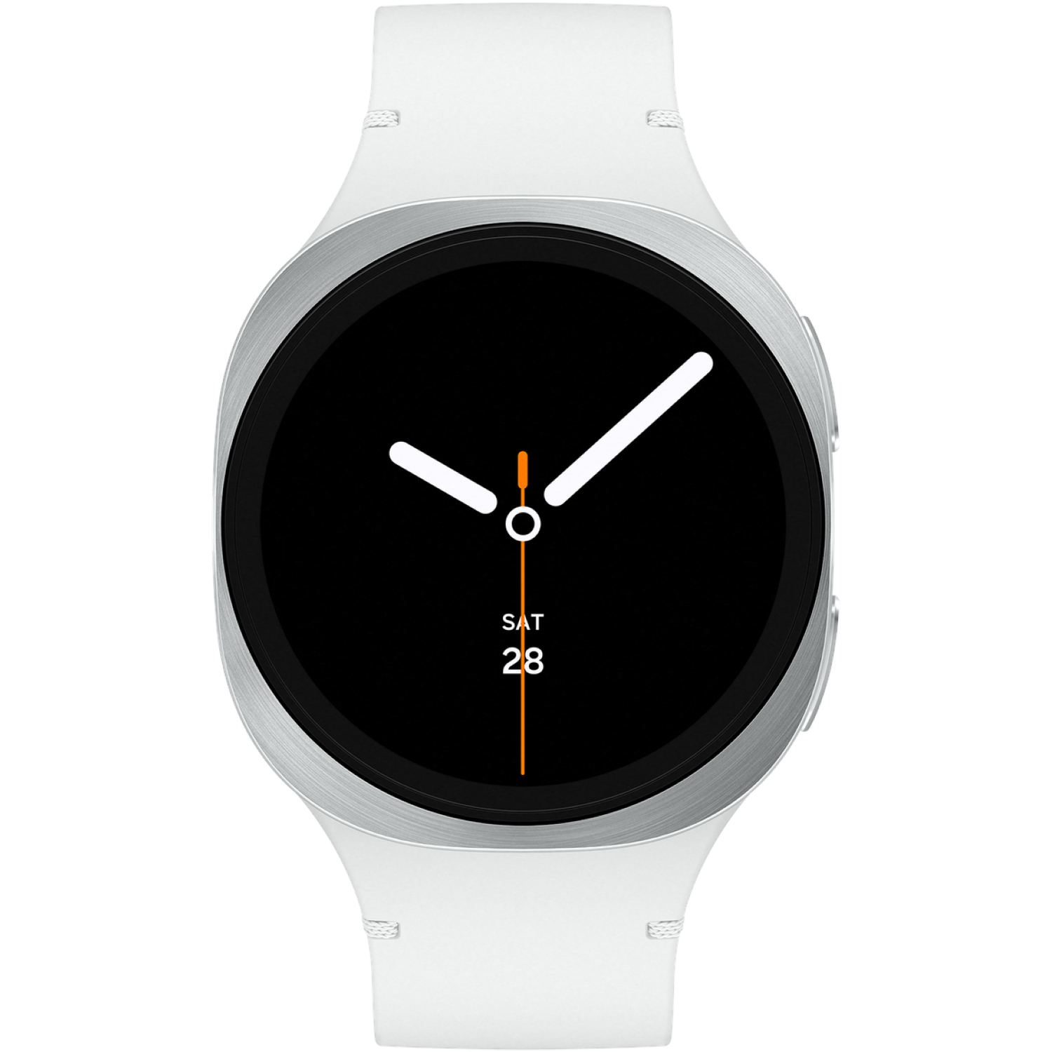 Een witte smartwatch met zwart scherm, witte wijzers en zilveren rand. De datum is ZA 28. De band is wit.