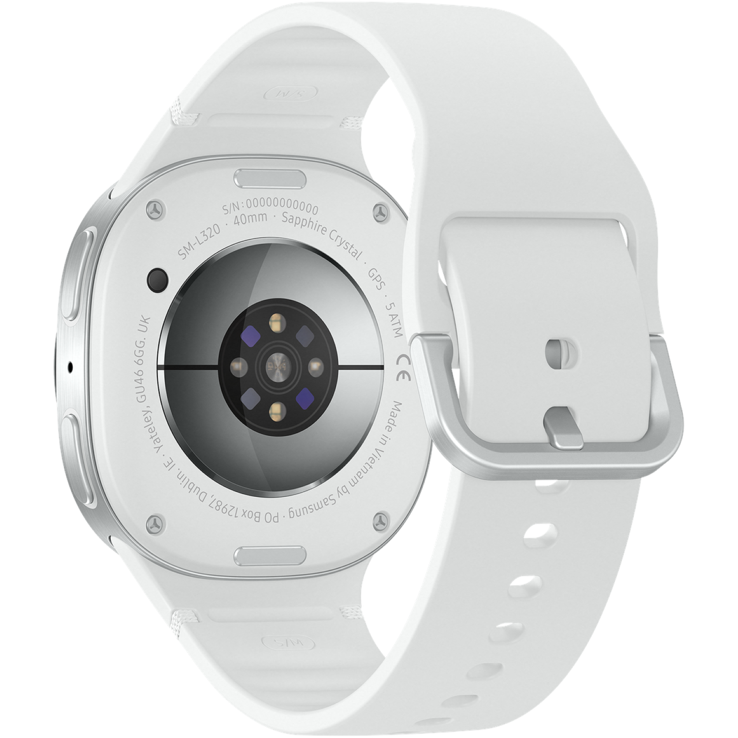Een witte smartwatch met een zilveren rand en bandje. De achterkant toont sensoren en tekst: 'SM-L320', '40mm' en 'Sapphire Crystal'.