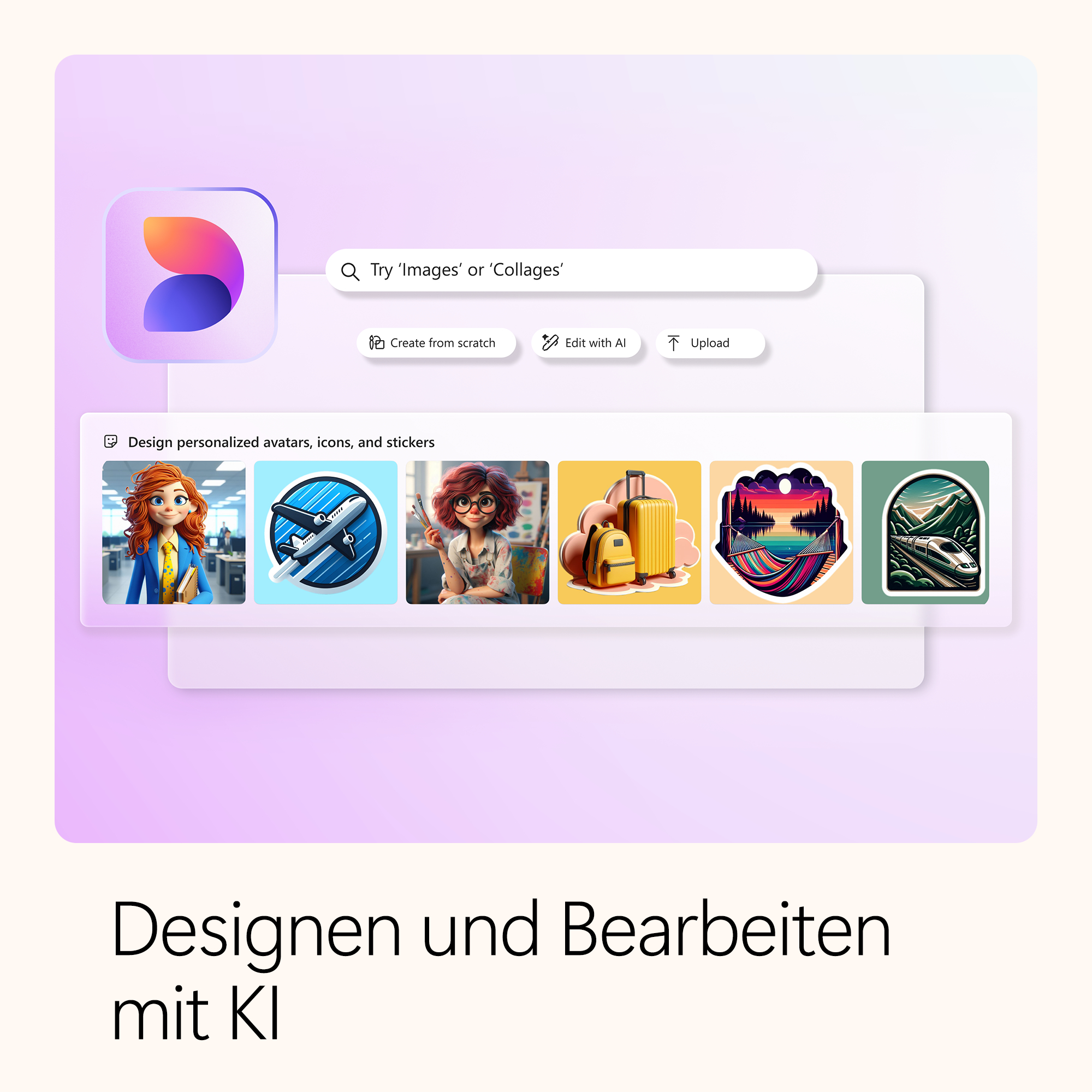 Benutzeroberfläche mit Suchleiste, Schaltflächen und Avatar-Design-Beispielen. Text: Designen und Bearbeiten mit KI.