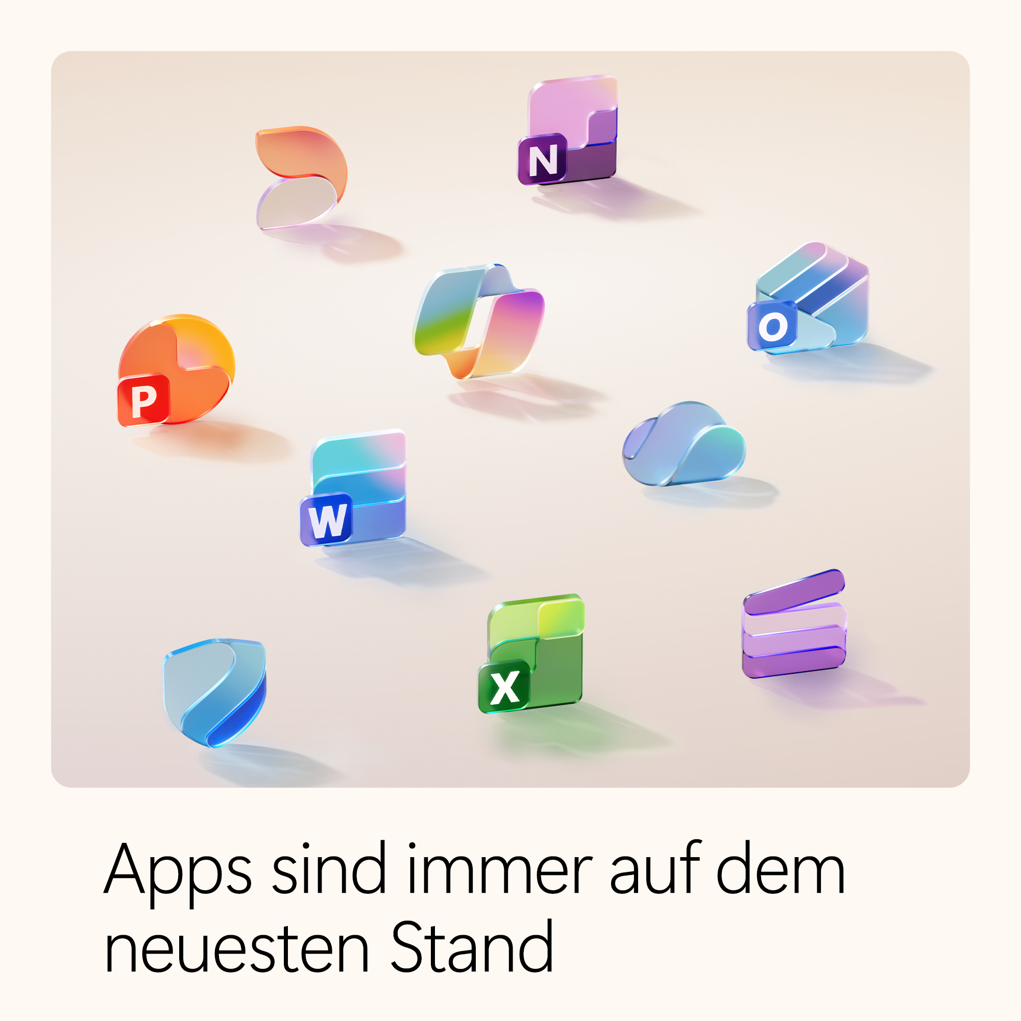 Verschiedene App-Symbole im 3D-Stil, darunter PowerPoint, Word, Excel und Outlook, auf hellem Hintergrund. Text unten.