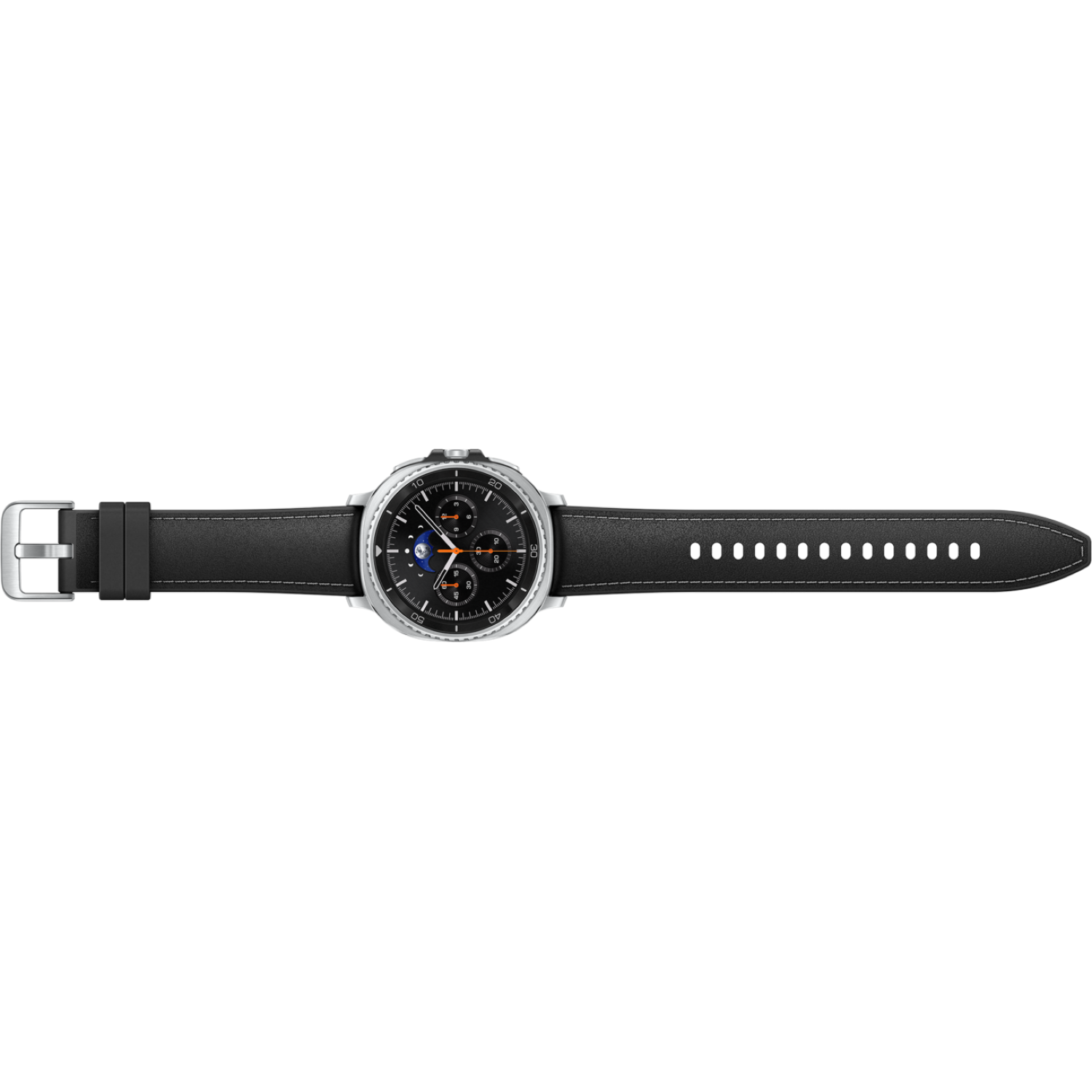 A silver smartwatch with a black watch face and a black leather strap is displayed against a white background.