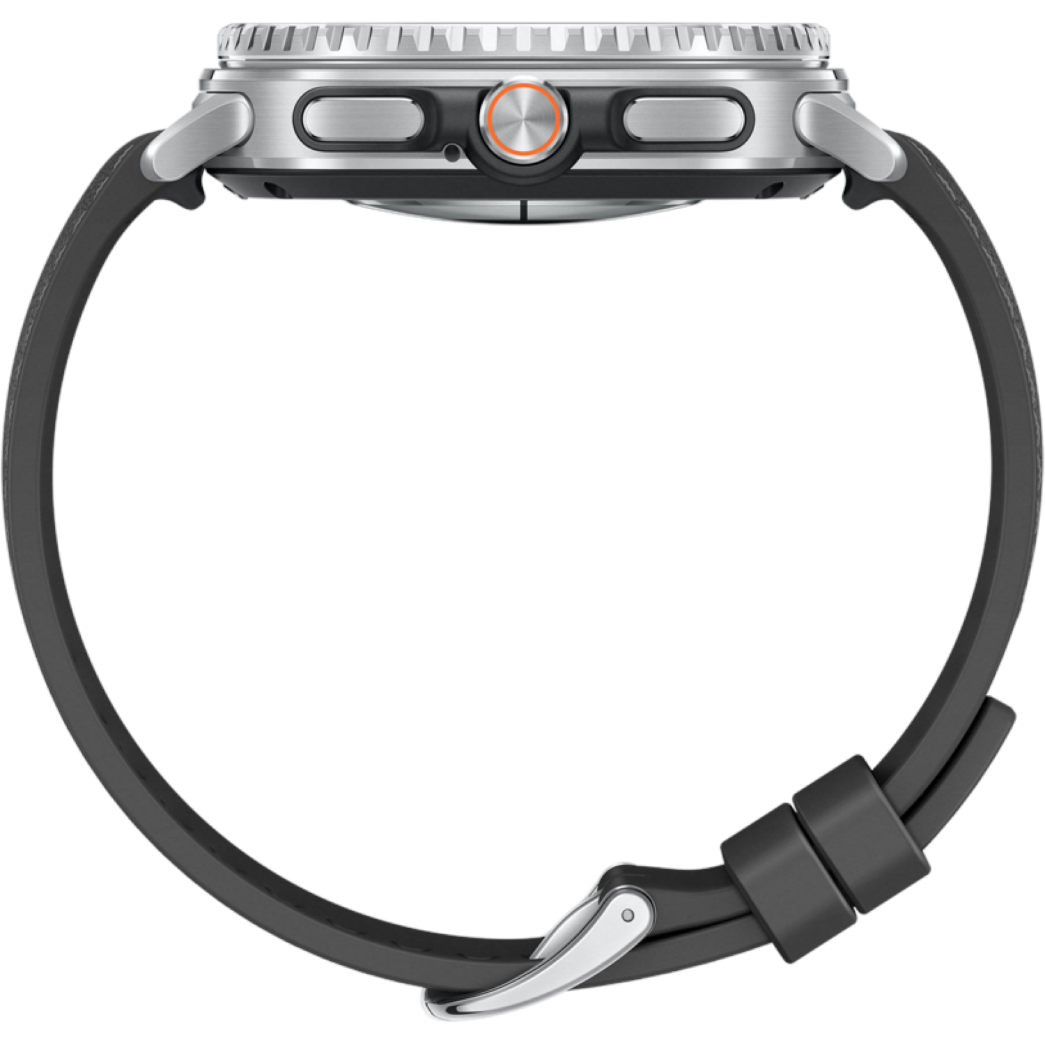 A silver smartwatch with a black strap. The watch has an orange button and a textured bezel. The strap is fastened with a metal buckle.