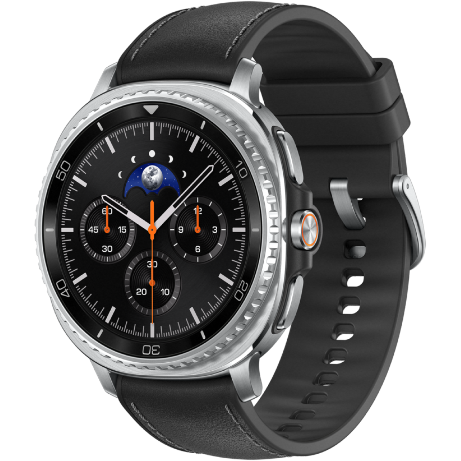 Een zilveren smartwatch met een zwarte wijzerplaat en bandje. De wijzerplaat geeft cijfers en wijzerplaten weer. De achtergrond is zwart.