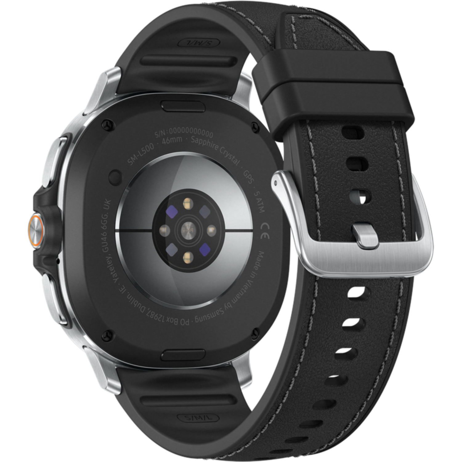 Een zwarte smartwatch met een zwarte leren band. De achterkant van het horloge toont sensoren en informatie. Zilveren metalen accenten. Detailweergave.