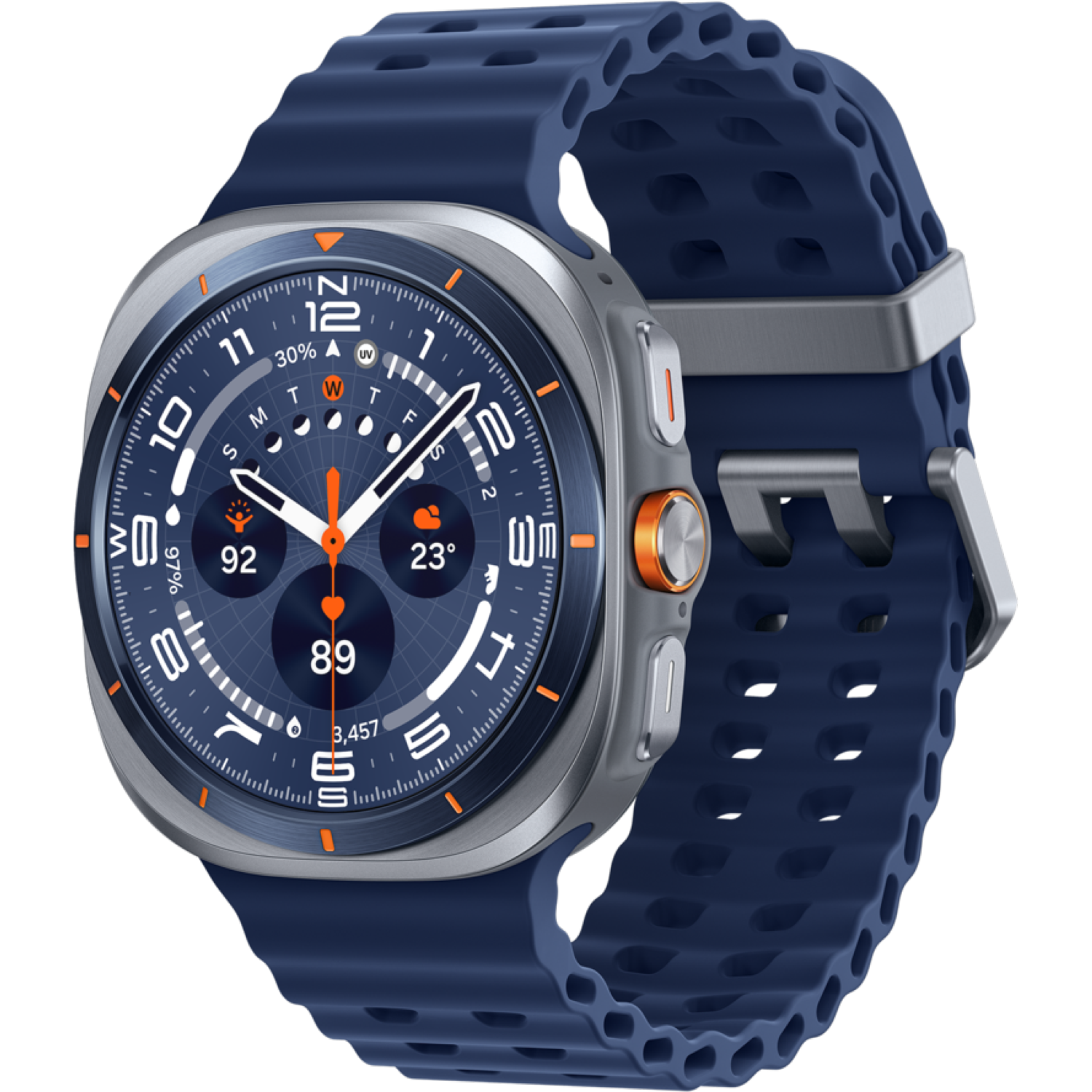 Een smartwatch met een blauwe band en metalen behuizing. Het scherm geeft gegevens weer, zoals tijd, weer en activiteitsstatistieken.