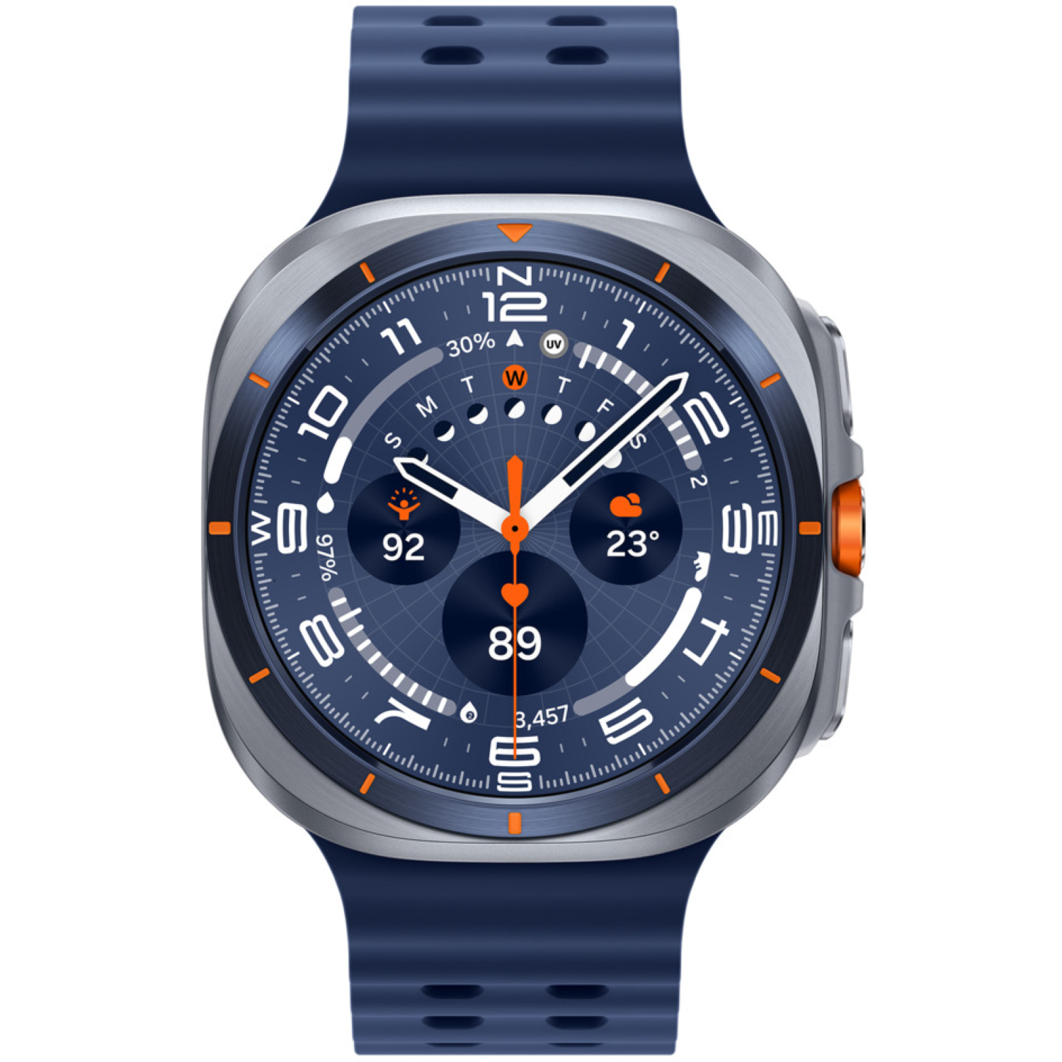 Een smartwatch met een blauwe band en een donkerblauwe wijzerplaat. Het toont de tijd, het weer en andere gezondheidsstatistieken.