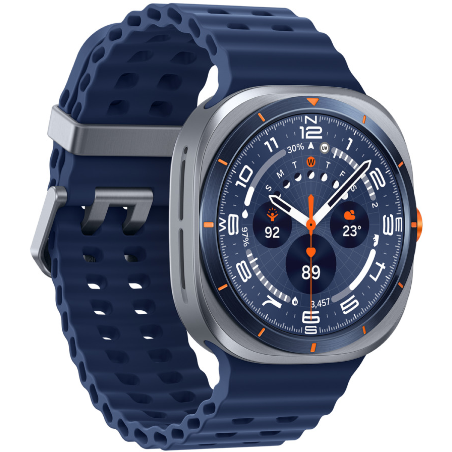 Een smartwatch met een blauwe band en een zilveren kast. De wijzerplaat is blauw en toont tijd, weergegevens en activiteitsmetingen.
