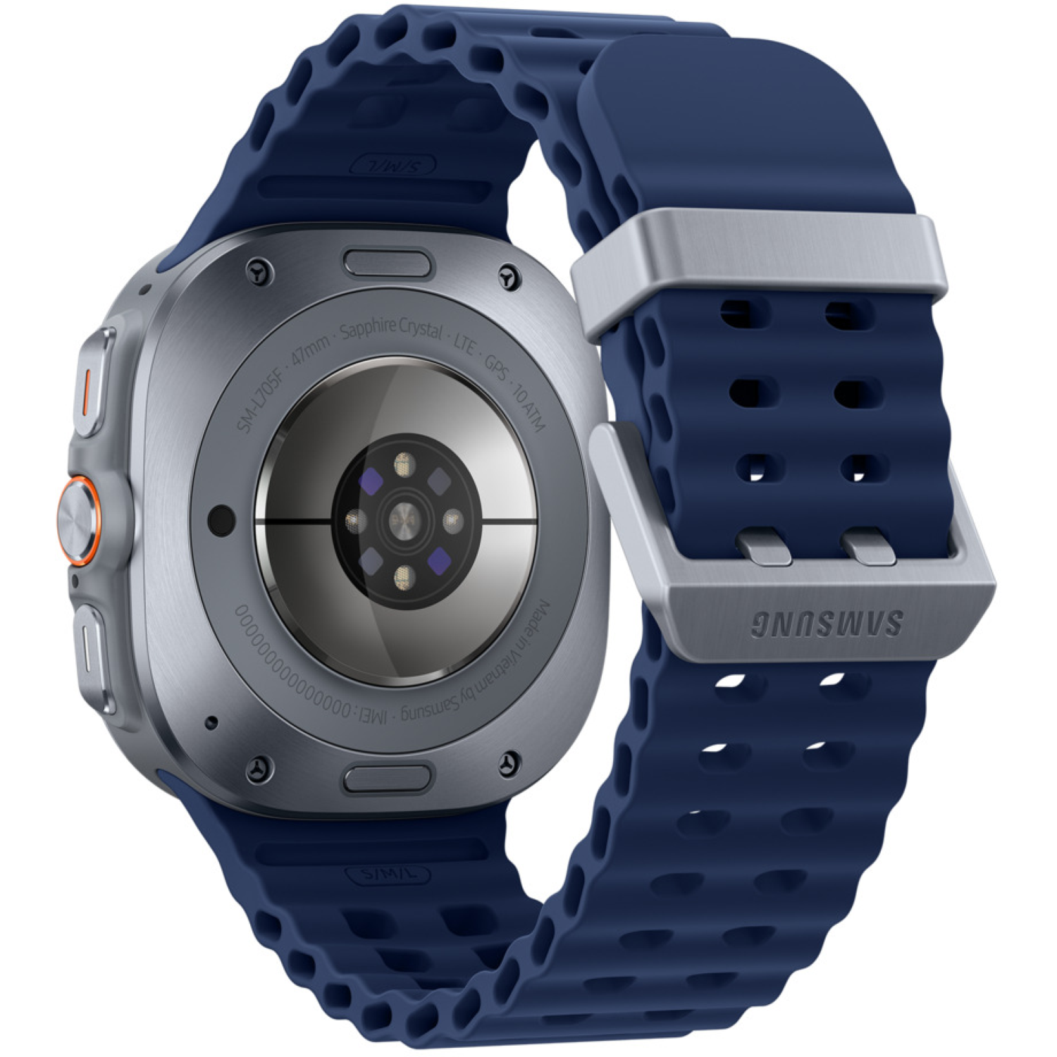 Een Samsung smartwatch met een blauwe band. Het horloge is zilverkleurig. De band is blauw, met een zilveren gesp. De achterkant van het horloge is zichtbaar.