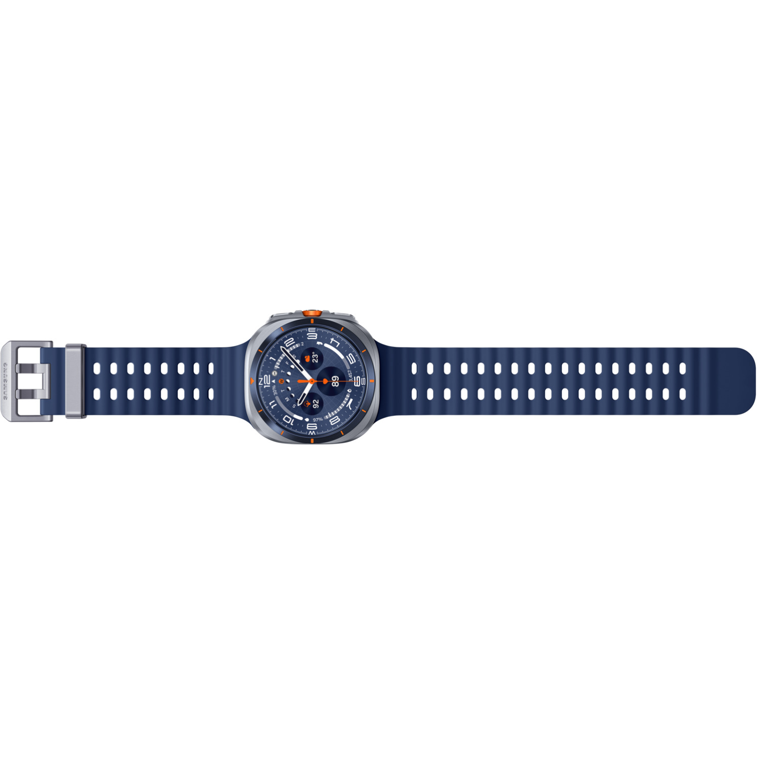 Een marineblauwe smartwatch met een zilveren kast en oranje accenten. De horlogeband is ook marineblauw.