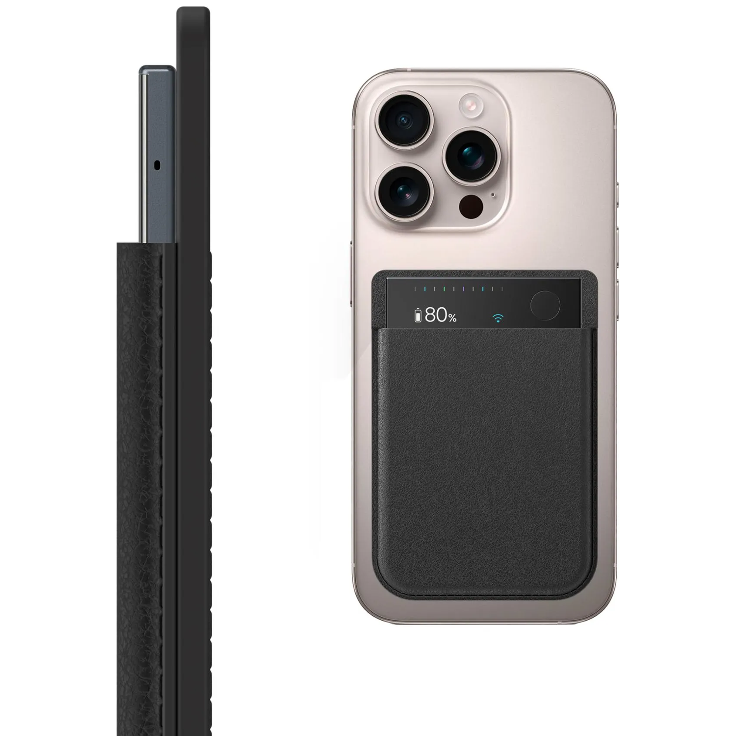 iPhone dans un étui avec un portefeuille attaché. Le téléphone affiche 80% de batterie. L'étui est noir et le téléphone est doré.