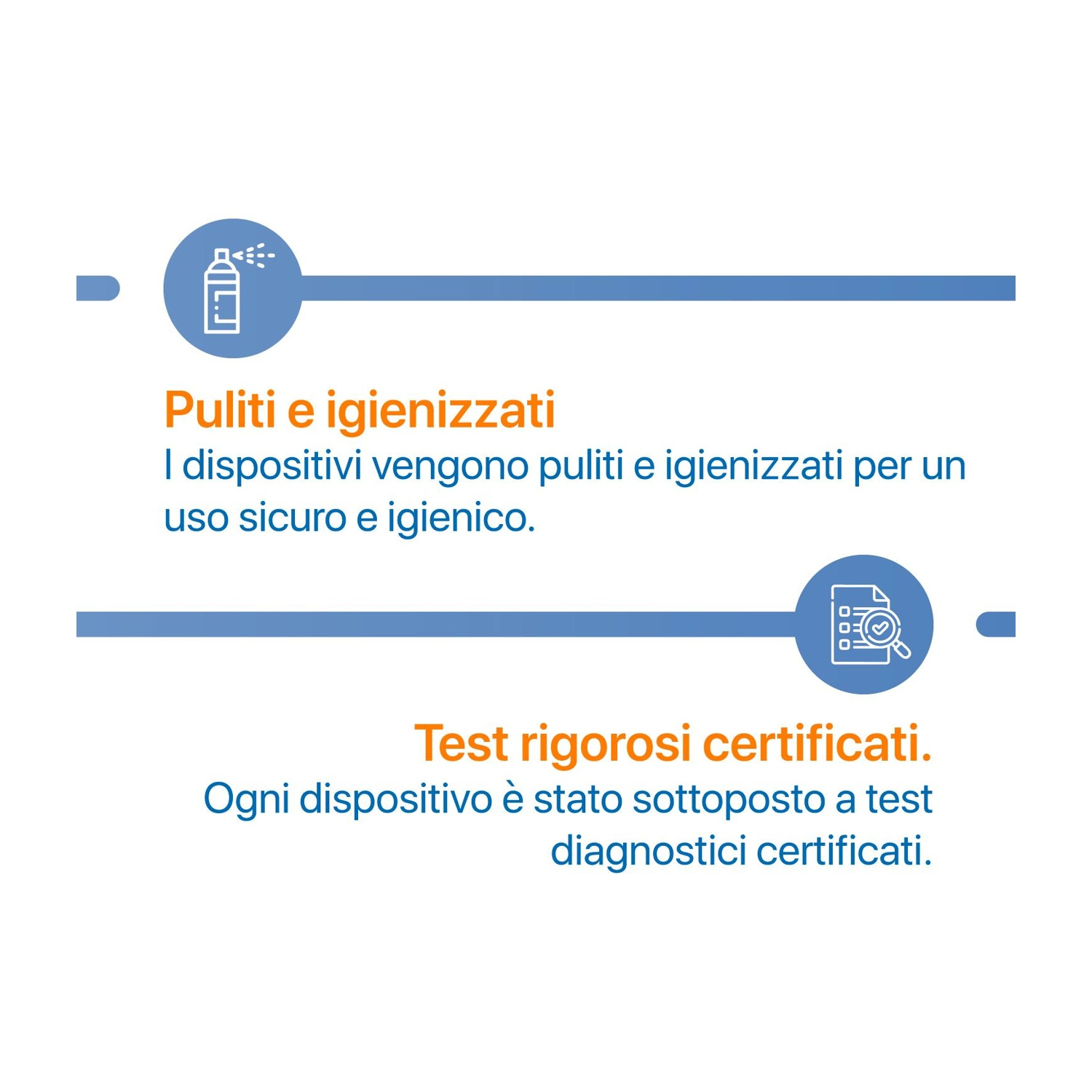 L'immagine mostra testo in italiano sulla pulizia e il test dei dispositivi per un uso sicuro e igienico, con icone.