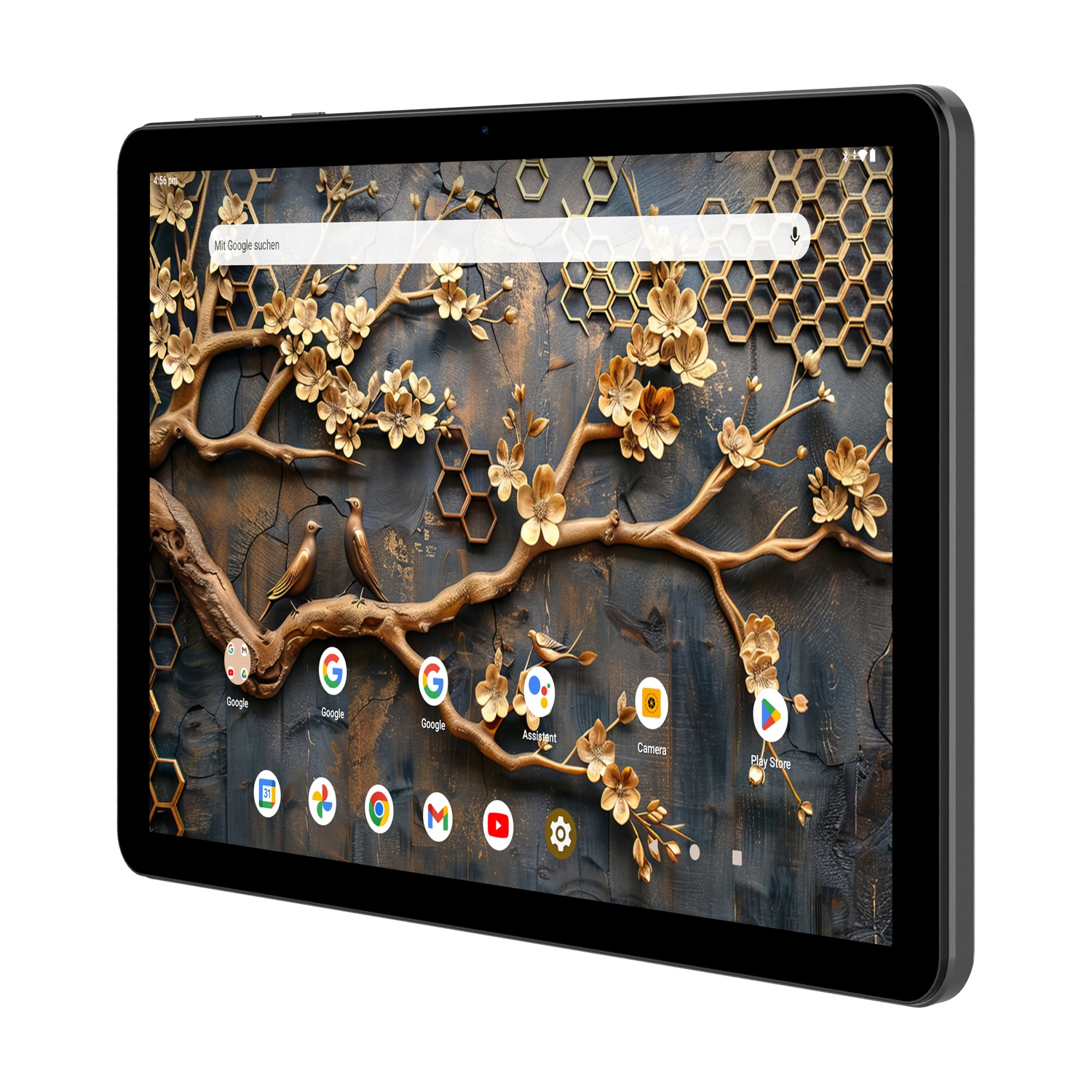Un tablet mostra uno sfondo floreale con uccelli. Lo schermo mostra la ricerca Google, icone di app e una cornice nera.