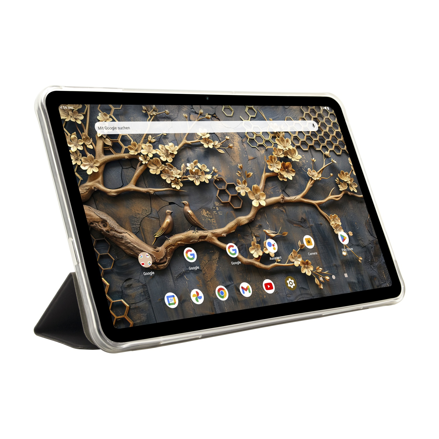Un tablet visualizza uno sfondo floreale. Il tablet è in una custodia e appoggiato. Le app di Google sono visibili sullo schermo.