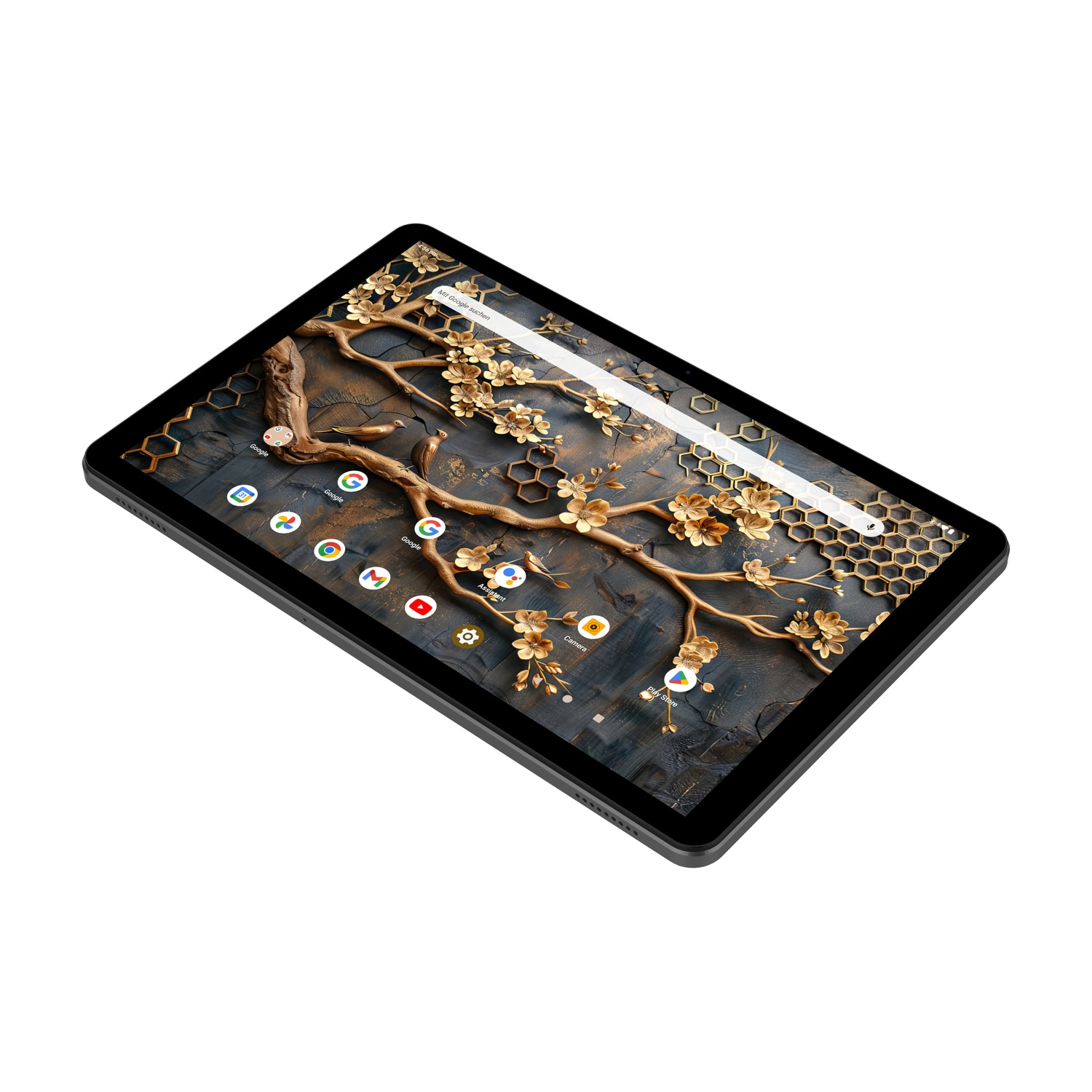 Un tablet che mostra uno sfondo floreale. Il tablet è nero e ha diverse icone di app sullo schermo. Lo sfondo è bianco.