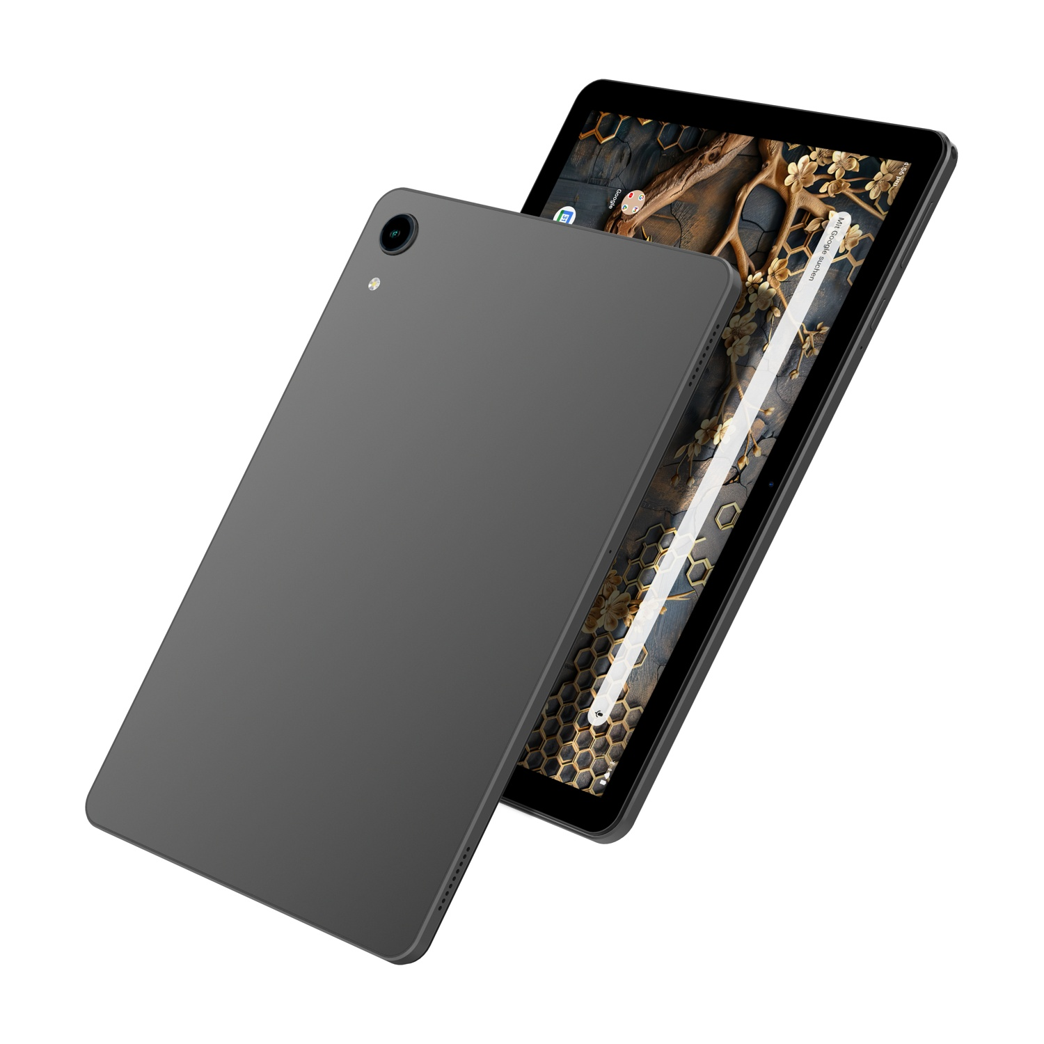 Due tablet grigi su sfondo bianco. Uno è angolato, mostrando uno schermo a tema natura. L'altro tablet è rivolto verso il retro.
