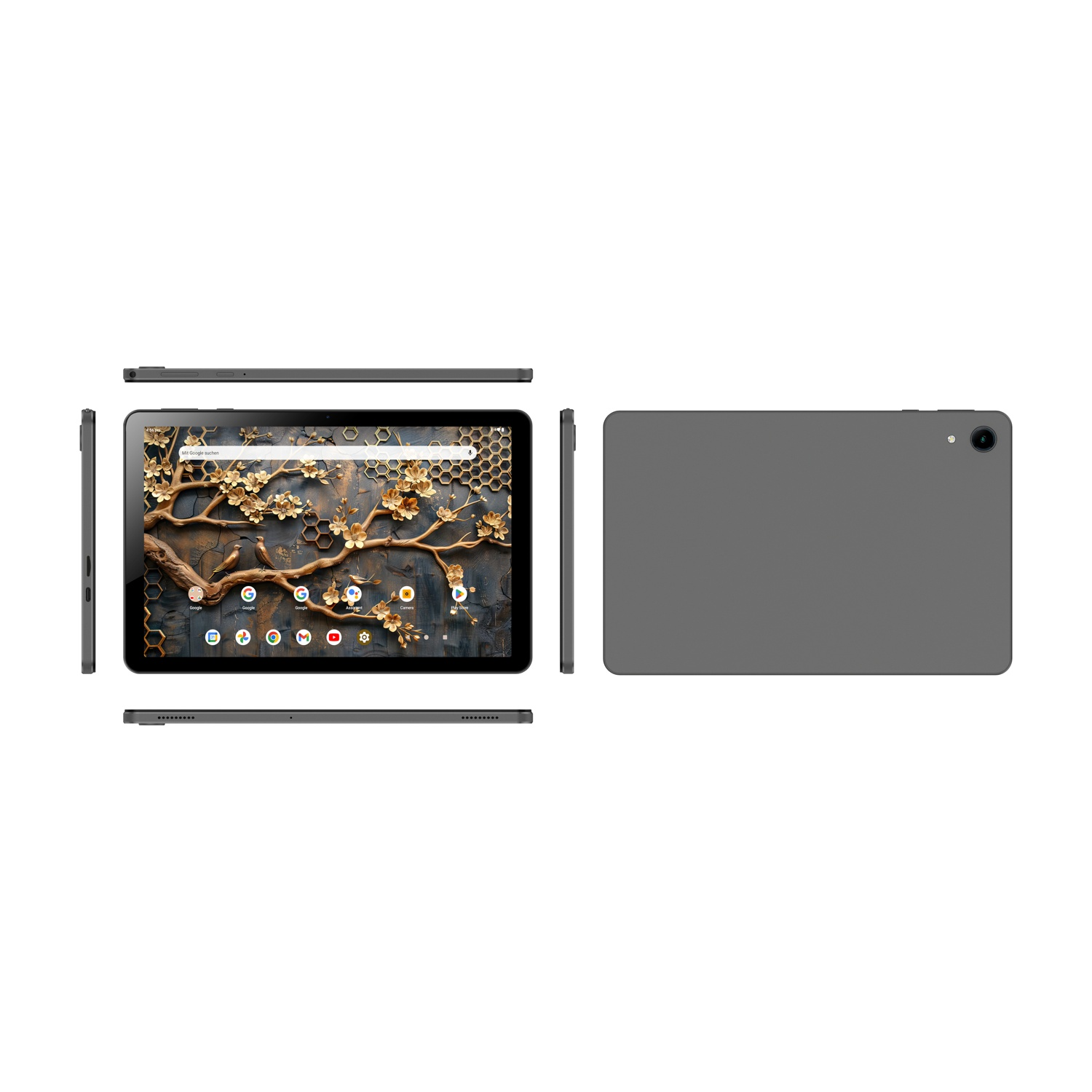 Tablet in uno scatto in studio. Mostra la vista anteriore, posteriore, laterale e superiore. Lo schermo mostra uno sfondo floreale con icone di app.
