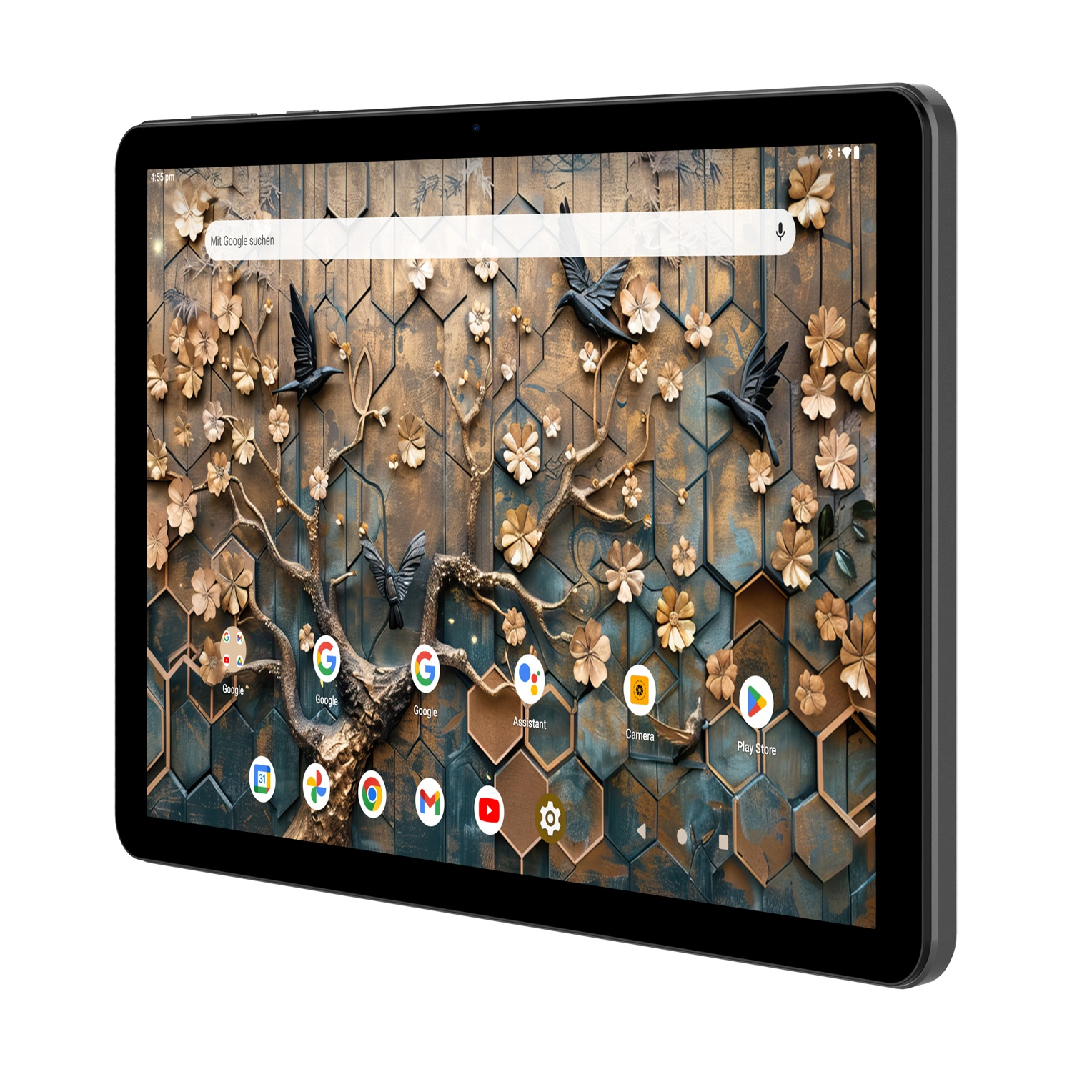 Tablet che mostra uno sfondo a tema albero con uccelli e fiori. Lo schermo ha icone di app e una barra di ricerca.