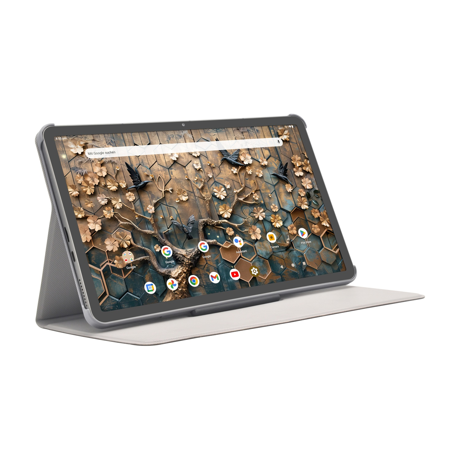 Un tablet con custodia grigia e schermo con motivo floreale. Il tablet poggia su una cover grigio chiaro.
