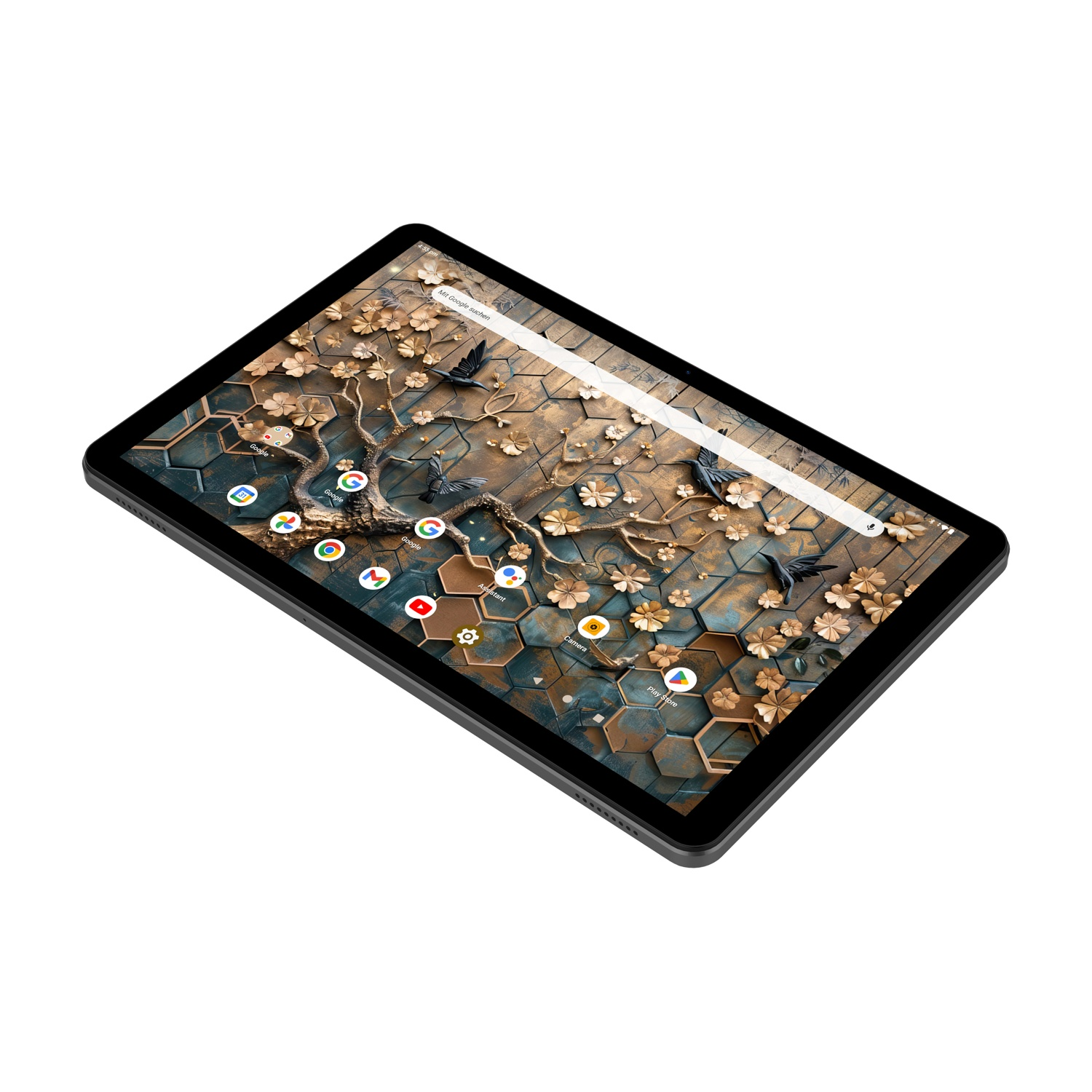 Tablet con sfondo a tema natura con fiori, uccelli e motivo a nido d'ape. Icone delle app visibili. Il tablet è nero.