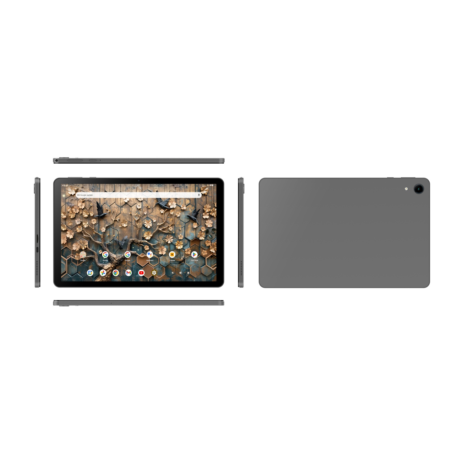 Tablet mostrato da varie angolazioni. Il display mostra un design floreale. Il retro è grigio liscio. Bordi visibili.
