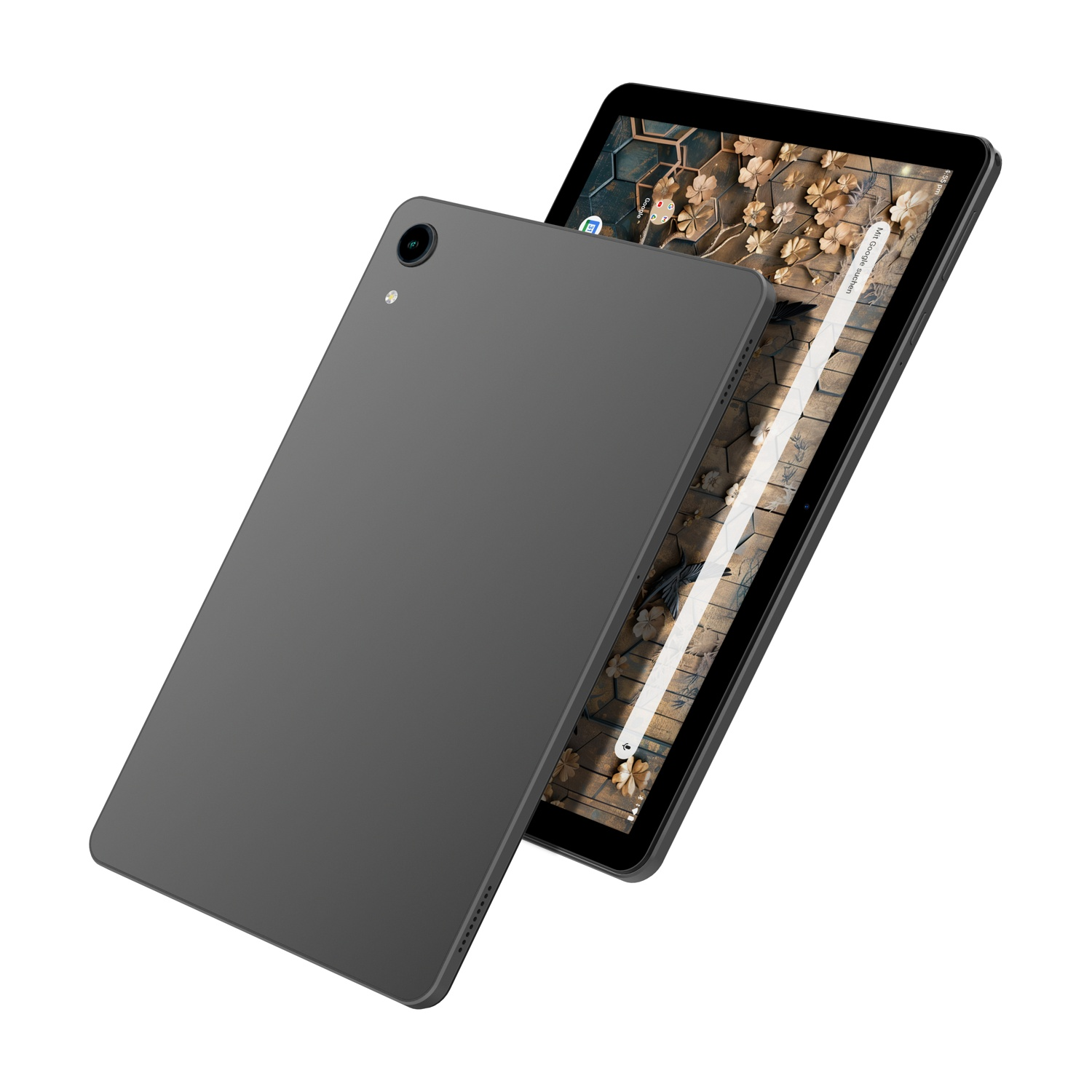 Due tablet grigi, uno leggermente dietro l'altro. Un tablet mostra un motivo floreale. L'altro ha un obiettivo della fotocamera.
