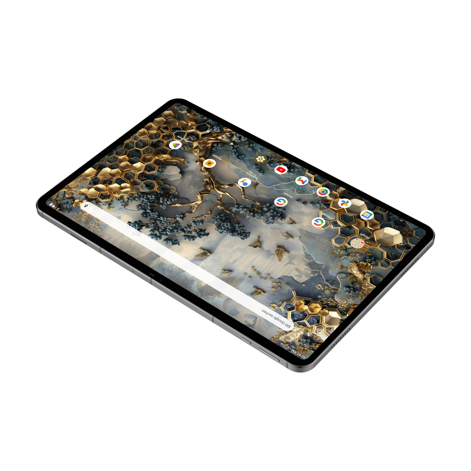 Un tablet mostra uno sfondo dettagliato con strutture a nido d'ape dorate e grigie. Sono visibili le icone delle app. Il dispositivo è angolato su uno sfondo bianco.