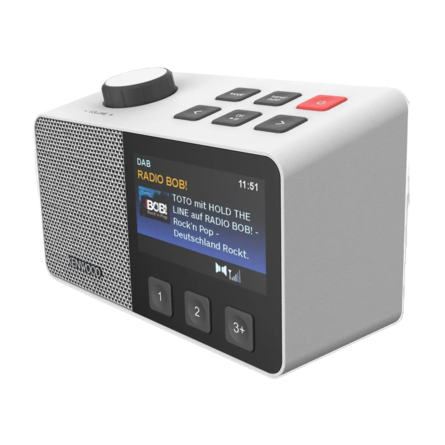 Una radio Kenwood bianca con uno schermo che mostra informazioni radio, pulsanti e una manopola del volume. Lo schermo mostra 'RADIO BOB!'.
