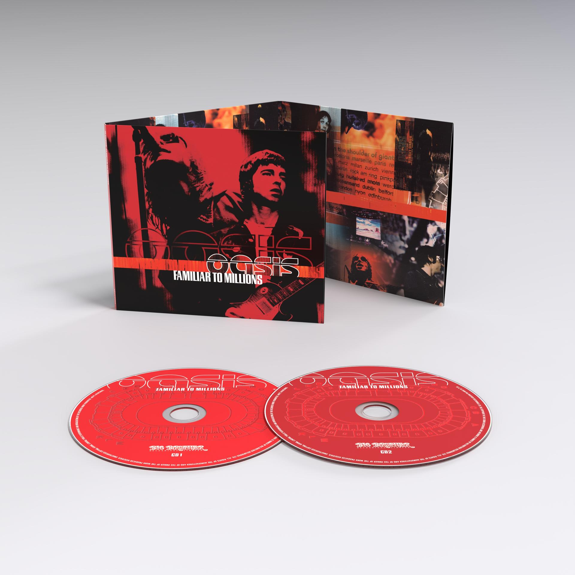 CD-Set von Oasis 'Familiar to Millions'. Rotes und schwarzes Design, mit Bandfotos und Albumtitel. Zwei CDs sind sichtbar.