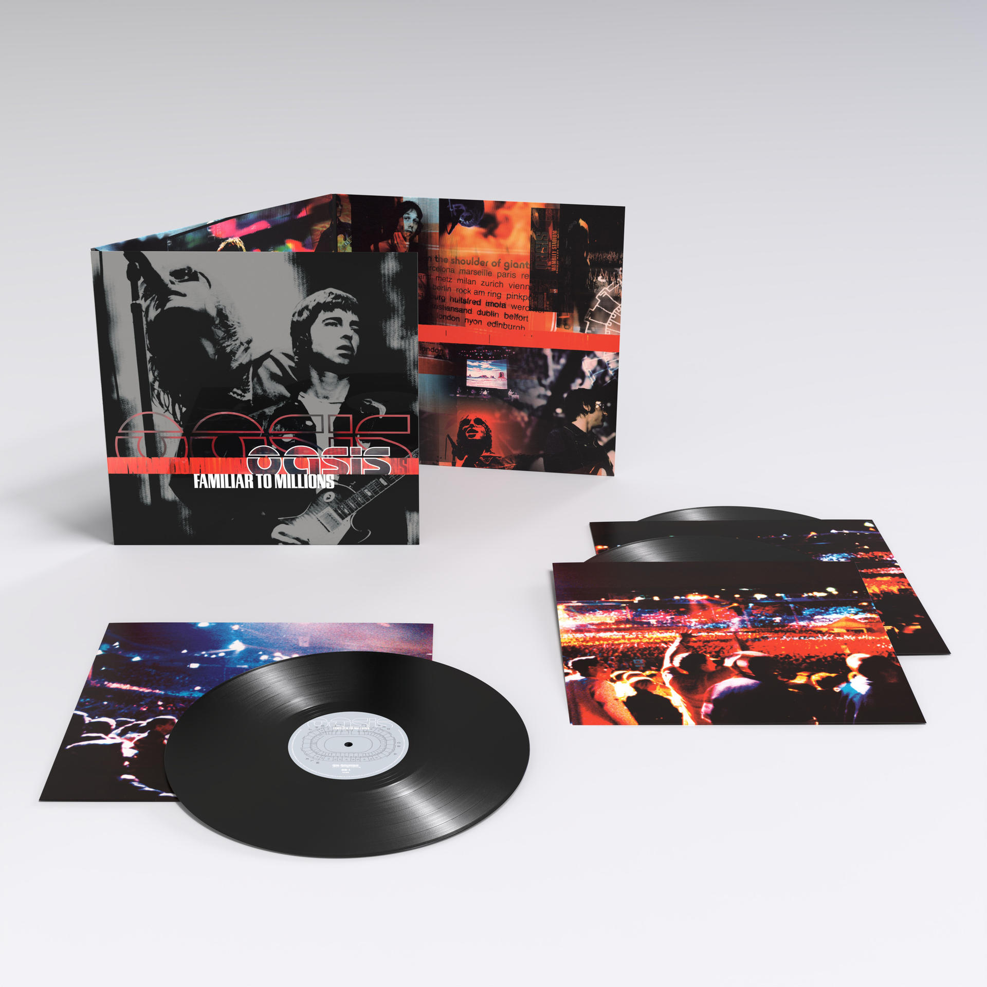 Album-Set: Oasis 'Familiar to Millions'. Enthält Schallplatten, Albumcover mit Bandmitgliedern und Konzertbildern.