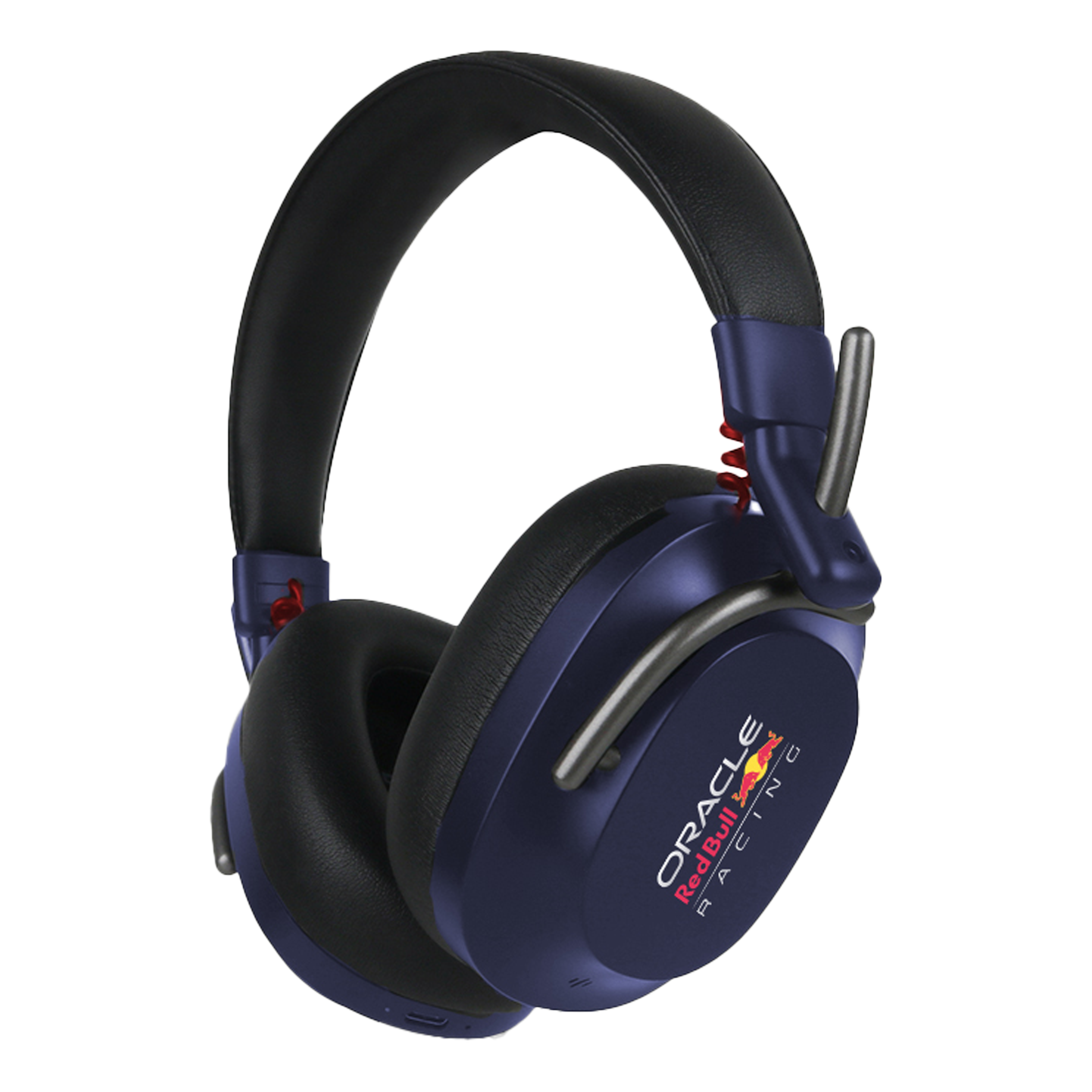 Blaue Kopfhörer mit schwarzem Bügel und Ohrmuscheln. Oracle Red Bull Racing Logo ist sichtbar.