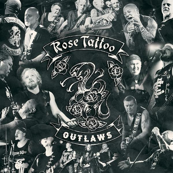 Albumcover für 'Rose Tattoo Outlaws', mit Bandmitgliedern in einer Collage, das Logo und der Titel der Band sind deutlich sichtbar.