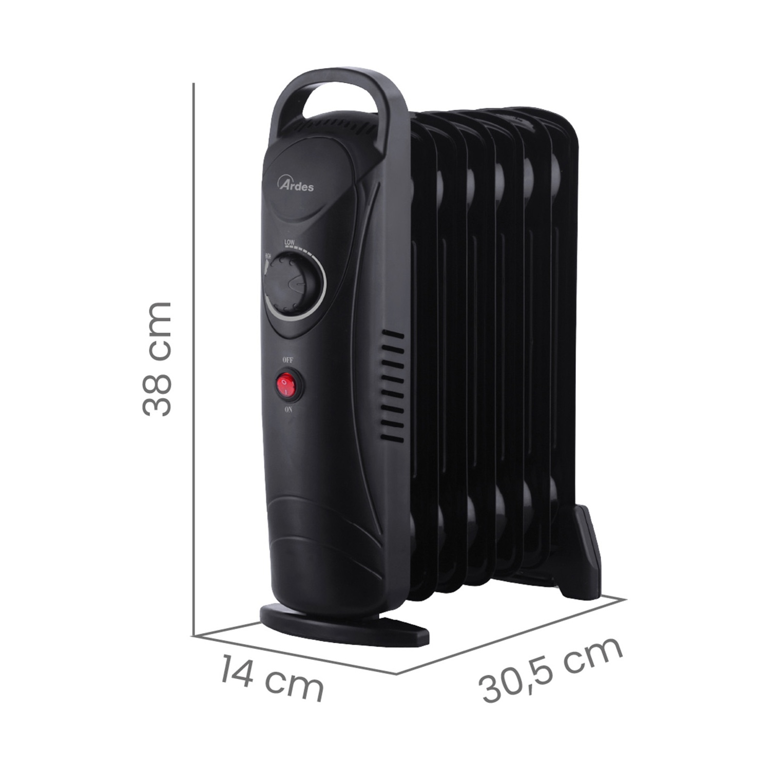 Un radiatore ad olio nero con maniglia, comandi e alette. Le dimensioni sono: 38 cm di altezza, 14 cm di larghezza e 30,5 cm di profondità.