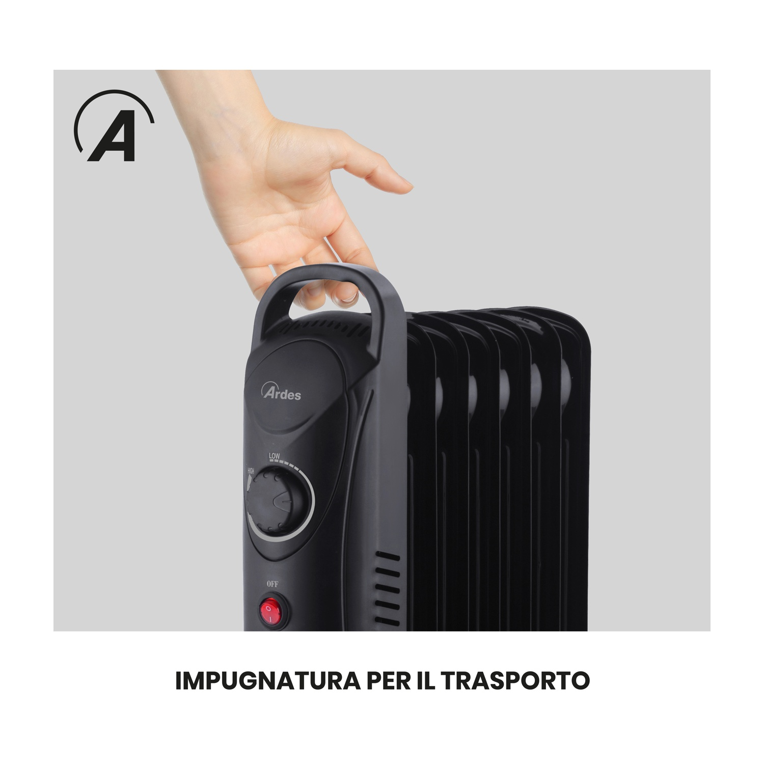 Un radiatore ad olio nero con una mano sulla maniglia. Il radiatore ha un pannello di controllo con un interruttore e una manopola.