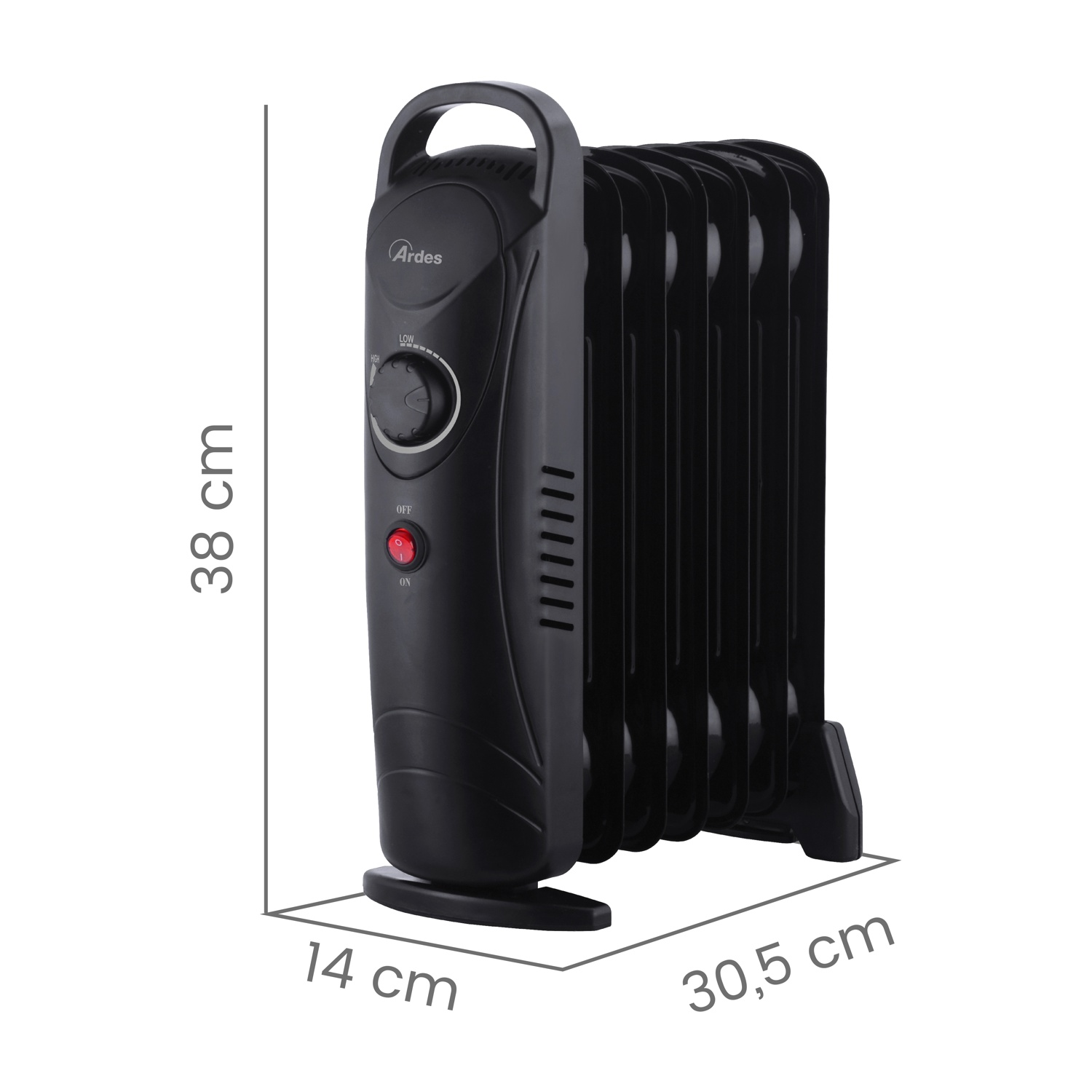 Radiatore a olio Ardes nero con maniglia, pannello di controllo e alette. Dimensioni: 38 cm altezza, 14 cm larghezza e 30,5 cm profondità.