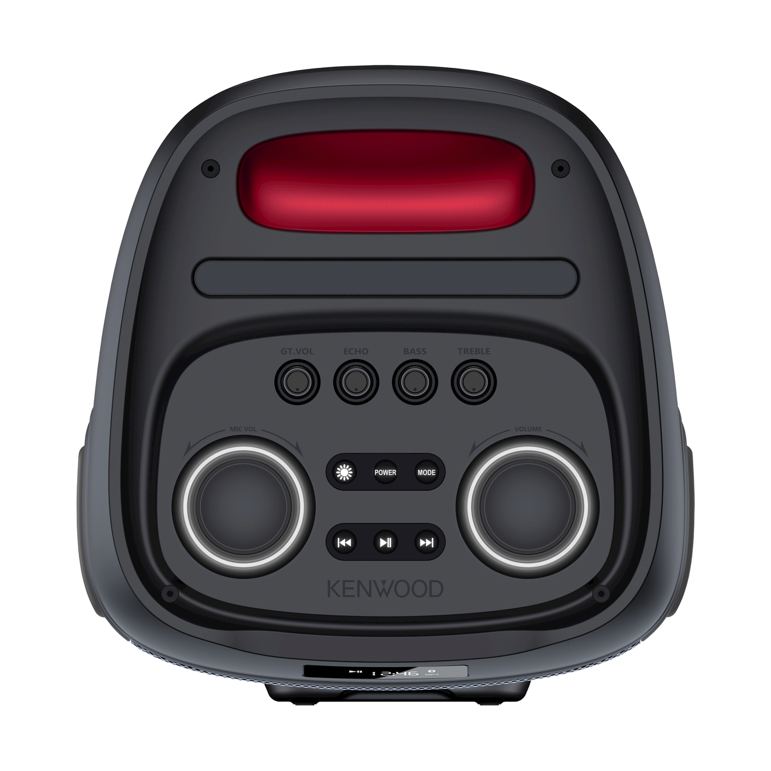 Altoparlante Kenwood nero con controlli. Accento rosso in alto. Include pulsanti volume, accensione e modalità, oltre a controlli bassi e alti.