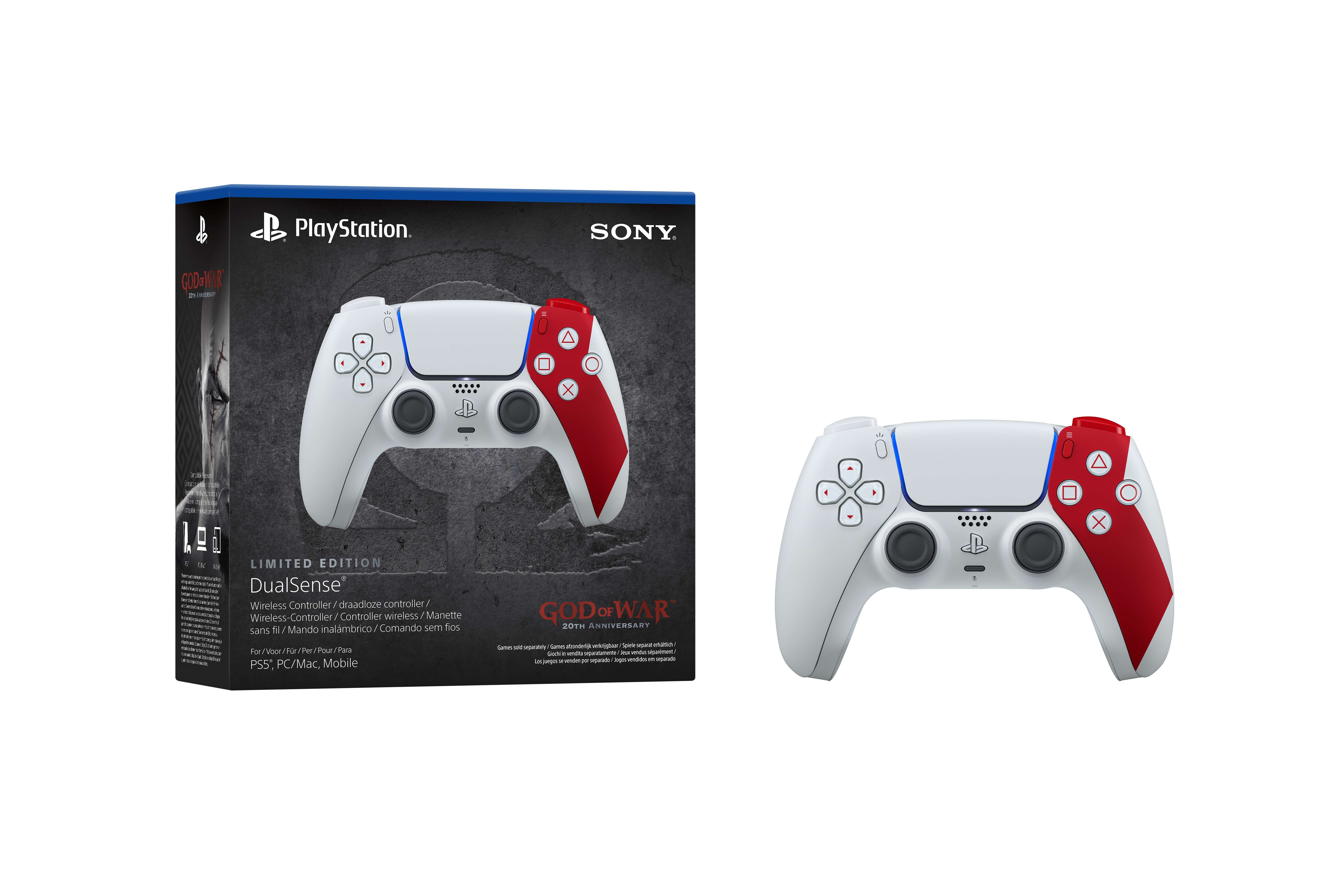 Ein weiß-roter PlayStation DualSense-Controller und -Box. Die Box hat ein God of War-Thema.