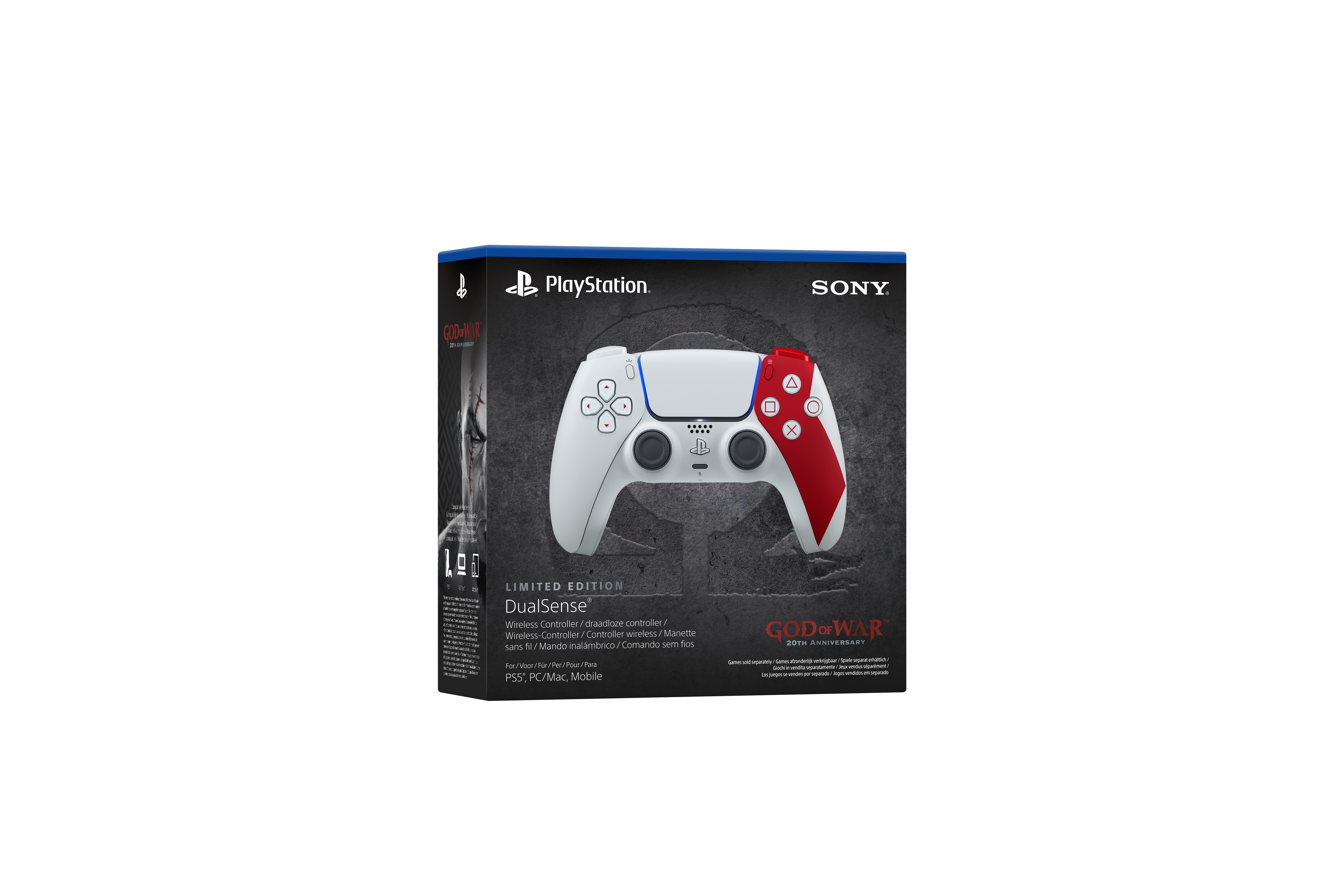 Eine PlayStation DualSense-Controller in einer Box. Es ist weiß mit roten Akzenten und dem God of War-Logo.