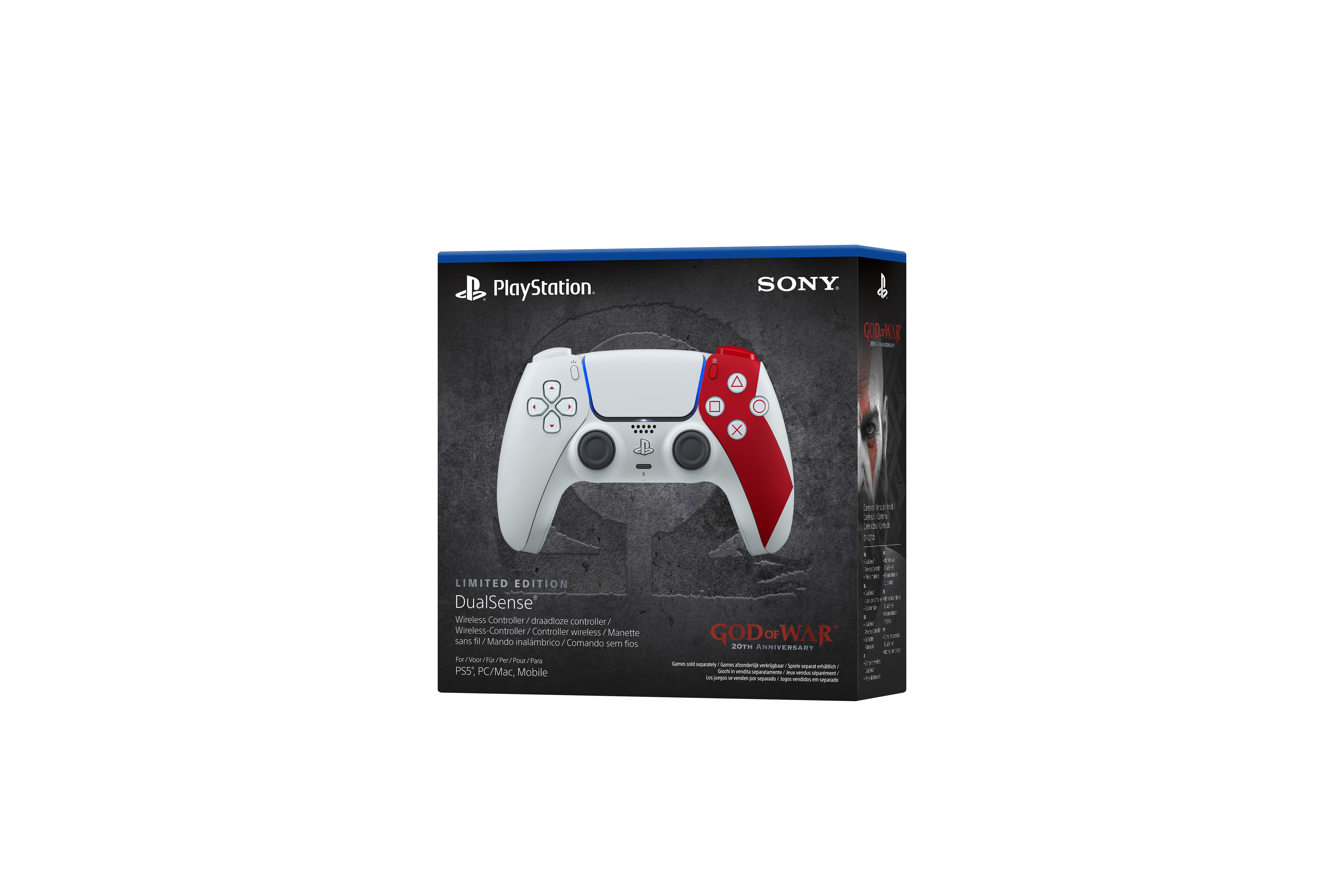 Eine weiße und rote PlayStation DualSense Controllerbox. Sie hat das God of War 20th Anniversary Logo.