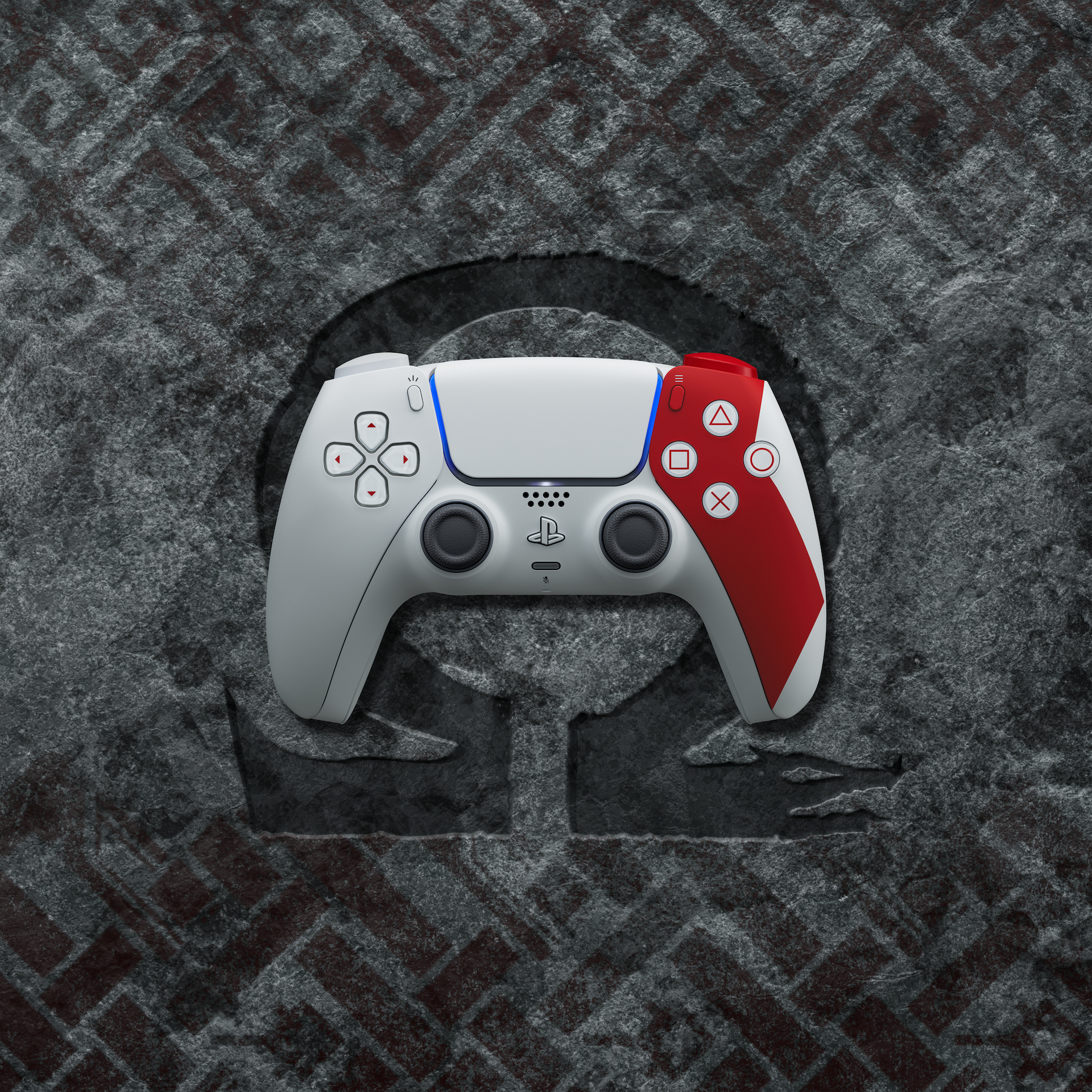 Ein weiß-roter PlayStation 5-Controller befindet sich in der Mitte auf einer grau strukturierten Oberfläche mit PS-Logo.