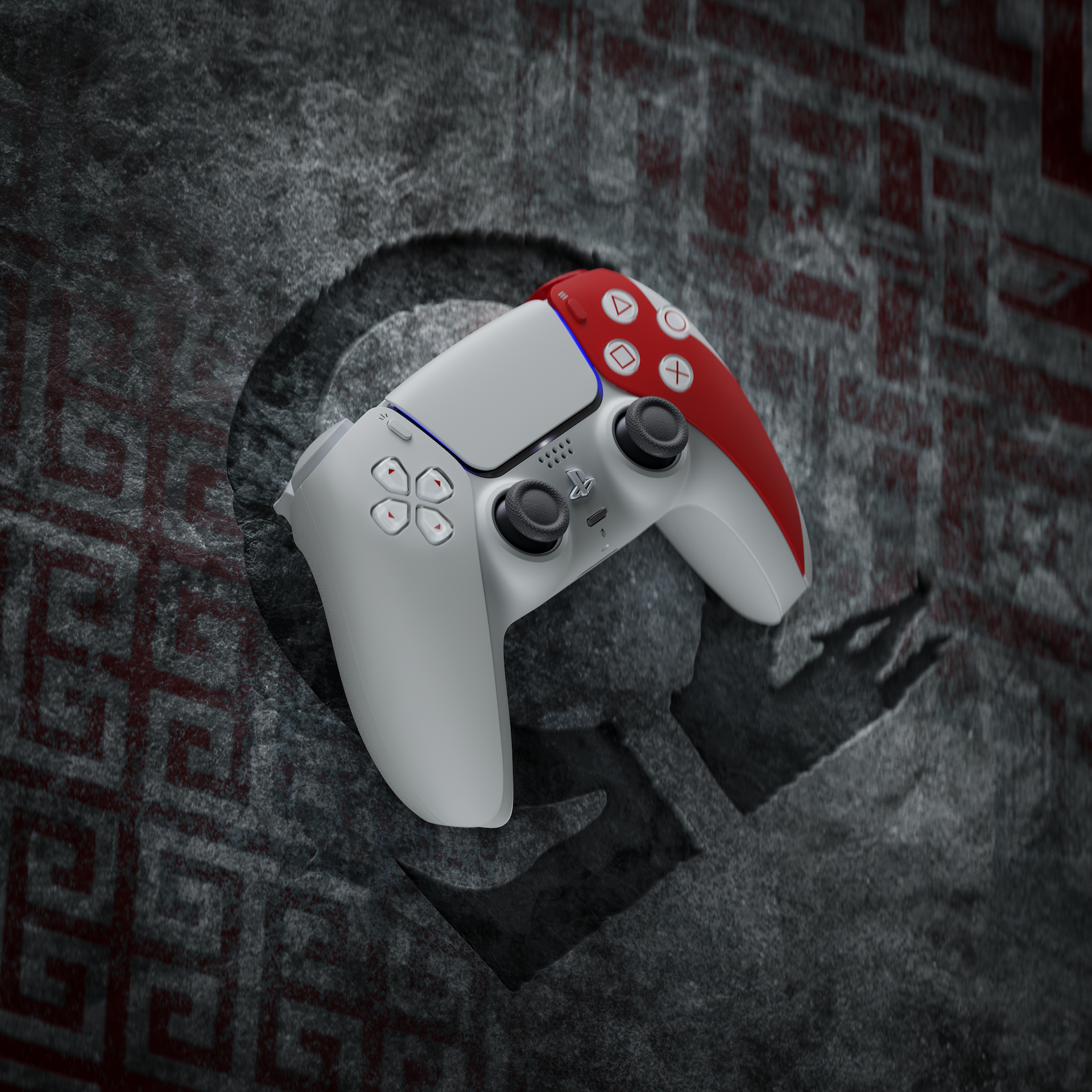 Ein weiß-roter Playstation-Controller liegt auf einer Steinoberfläche mit einem geschnitzten Design.