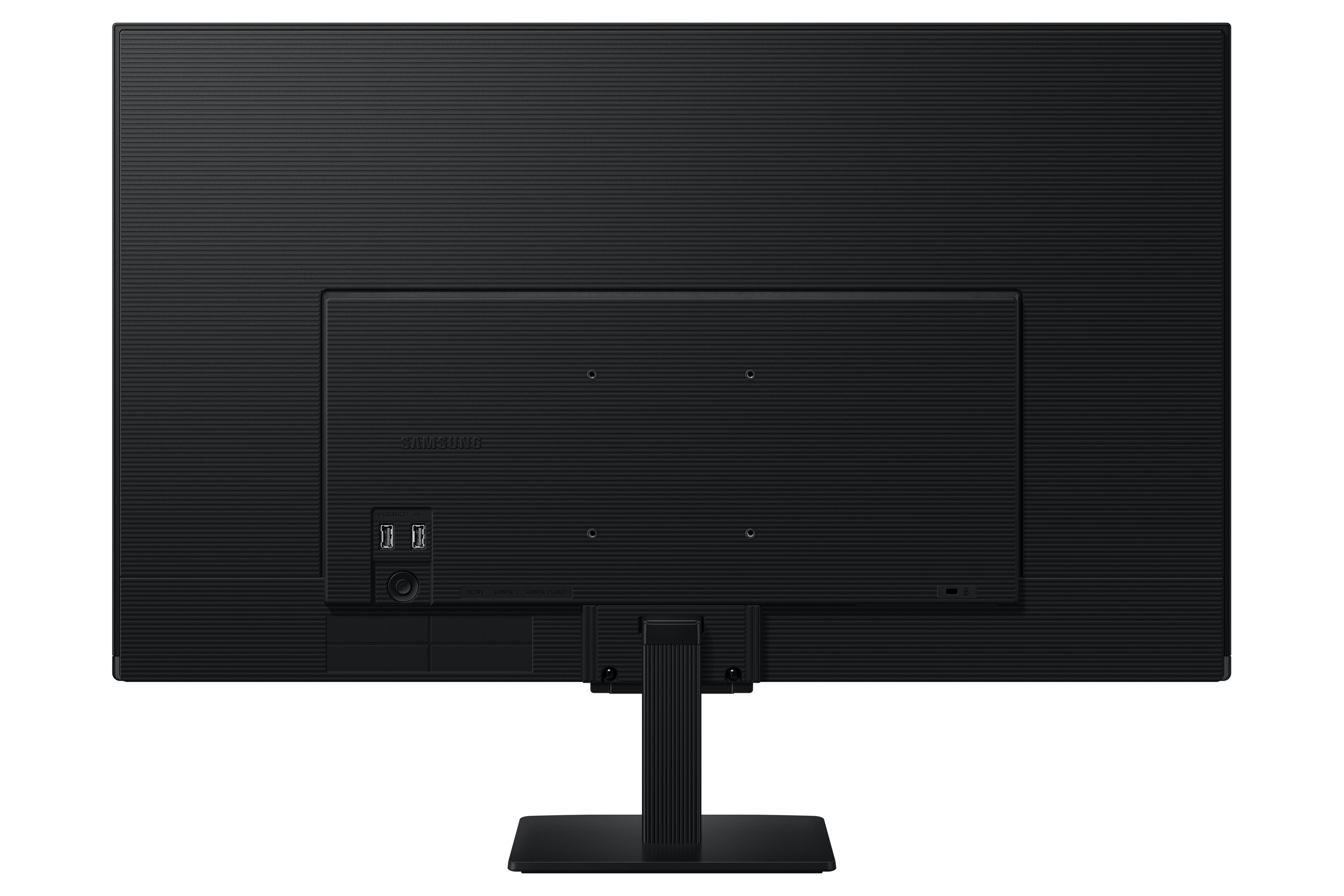 Rückseite eines schwarzen Samsung-Monitors. Anschlüsse, Ständer und das Samsung-Logo sind sichtbar.