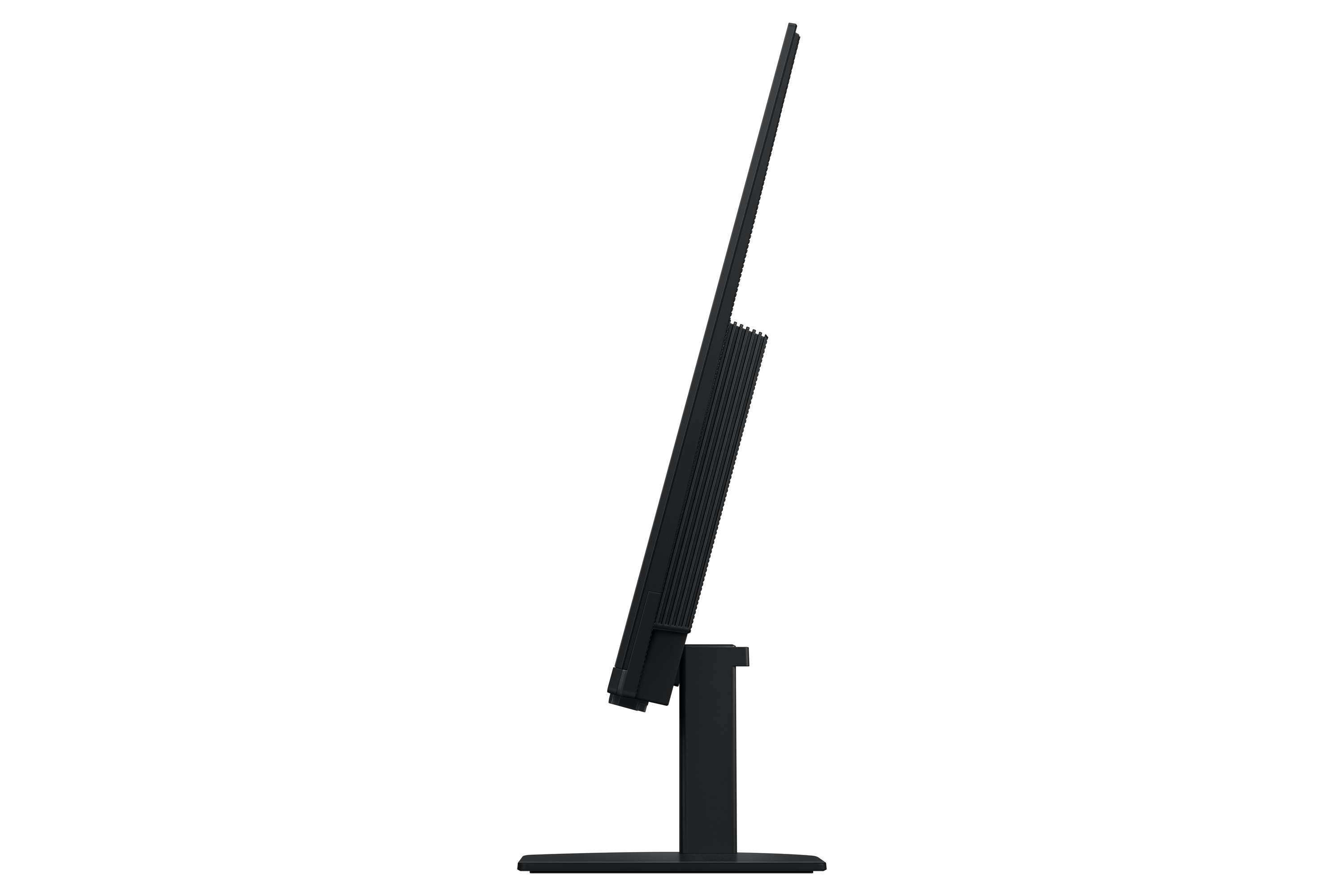 Schwarzer Computermonitor, Seitenansicht. Er ist schlank und modern mit dünnem Rahmen und Ständer.