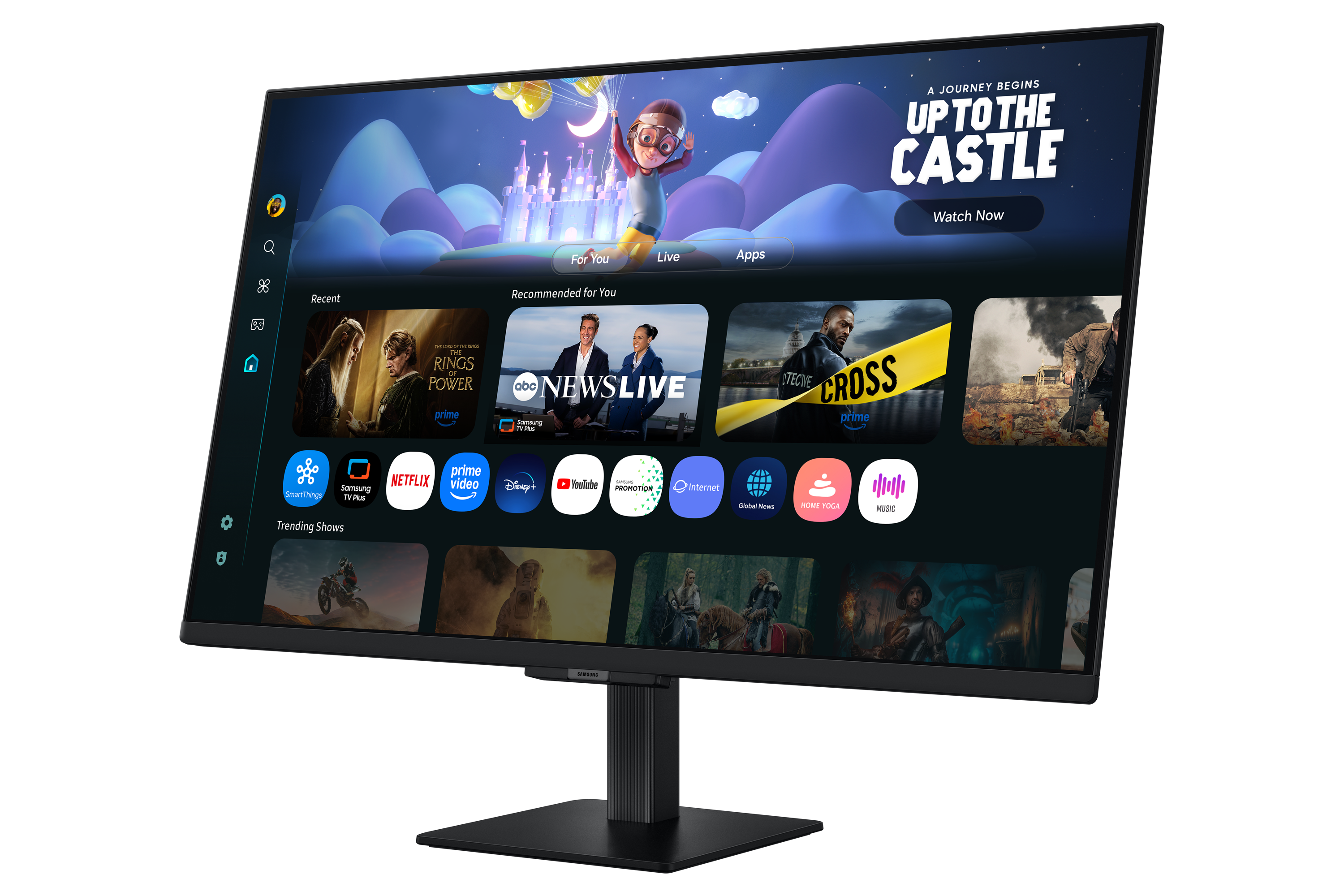 Ein Monitor zeigt eine Smart-TV-Oberfläche. Zu den Inhalten gehören Nachrichten, Streaming-Apps und ein Cartoon.