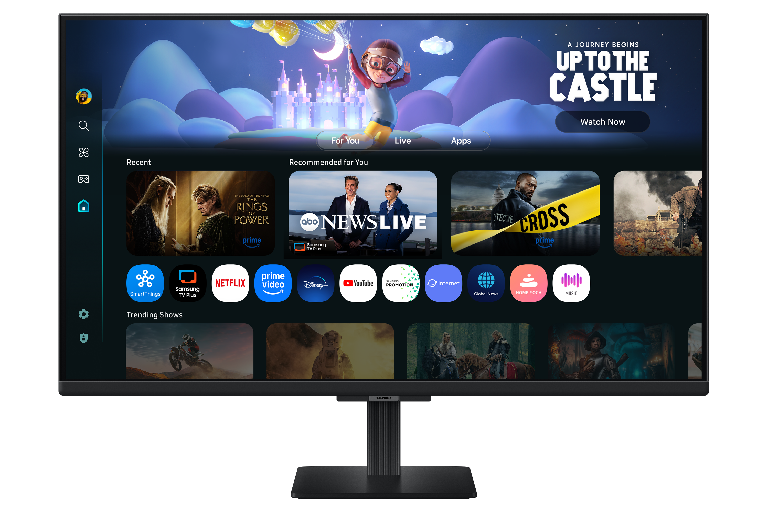 Ein Fernsehbildschirm mit einer Smart-TV-Oberfläche mit App-Symbolen und Show-Empfehlungen.