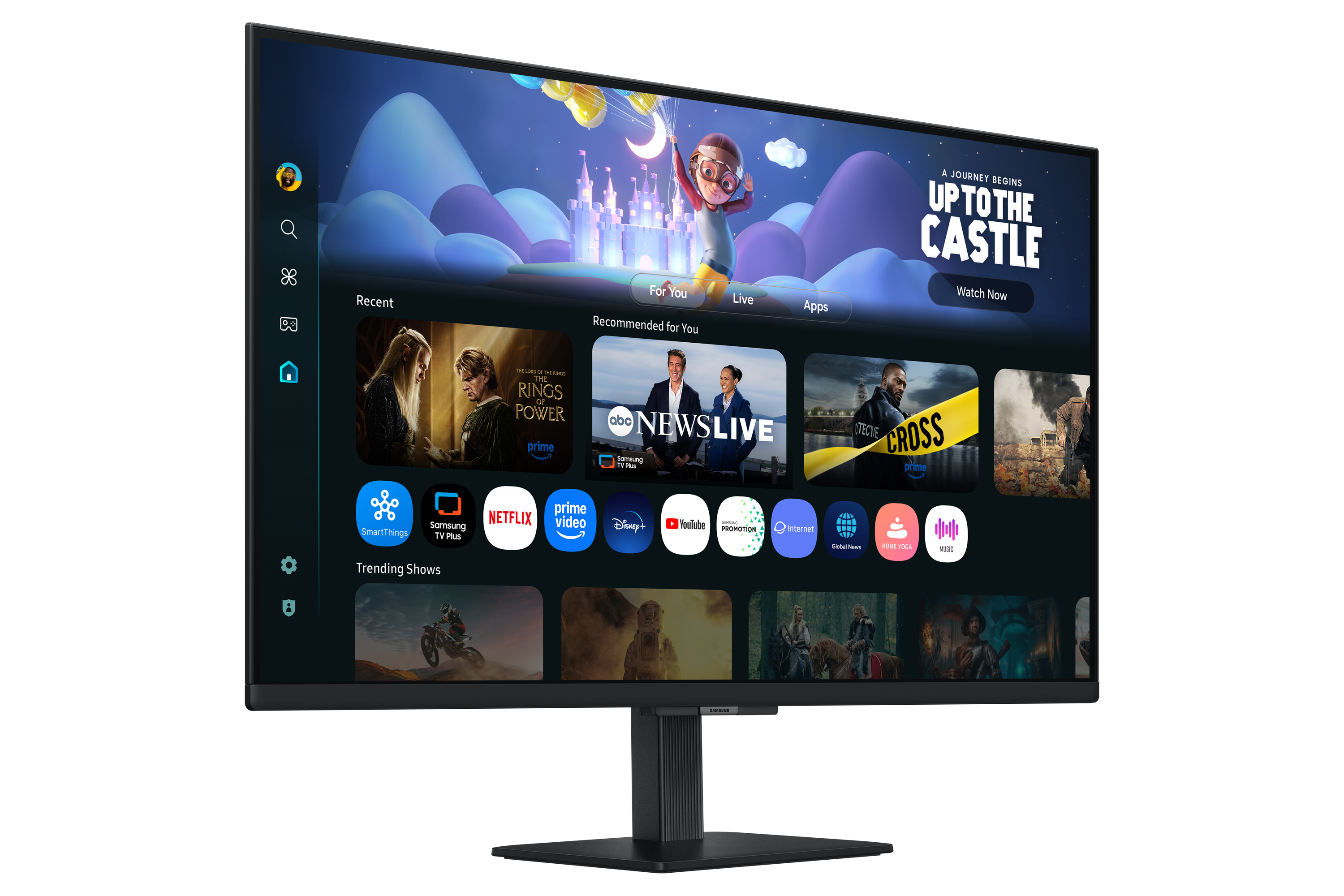 Ein Fernsehbildschirm zeigt eine Smart-TV-Oberfläche mit verschiedenen Apps und Shows. Der Hauptbildschirm wirbt für 'Up to the Castle'.