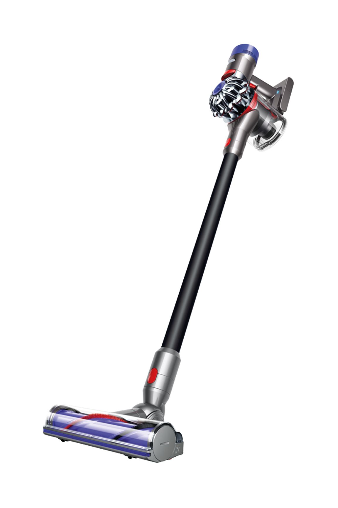 Kablosuz bir Dyson elektrikli süpürgesi, gümüş ve siyah, yukarı doğru açılı. Başlık mavi ve sap siyahtır.