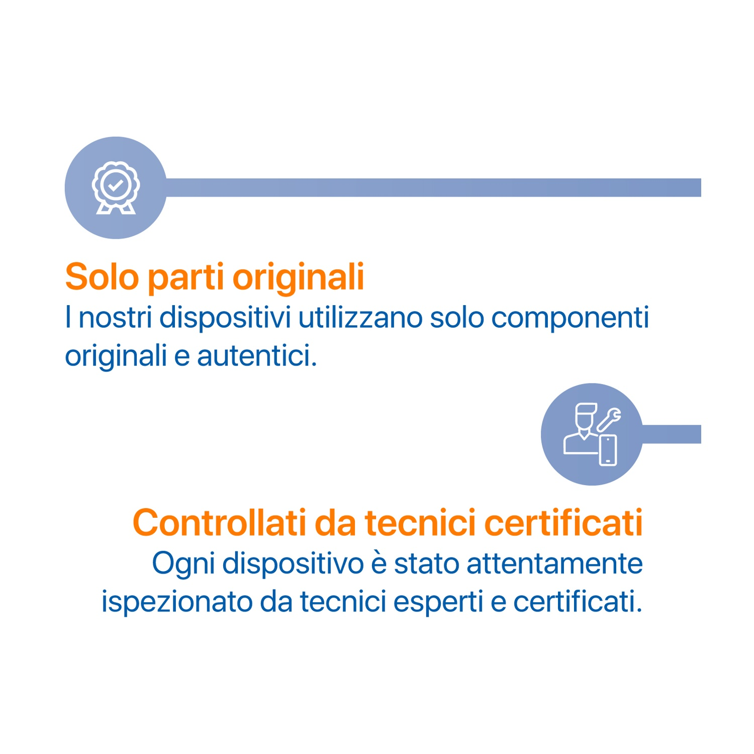 Immagine con testo italiano: 'Solo parti originali' e 'Controllati da tecnici certificati' con icone e descrizioni correlate.