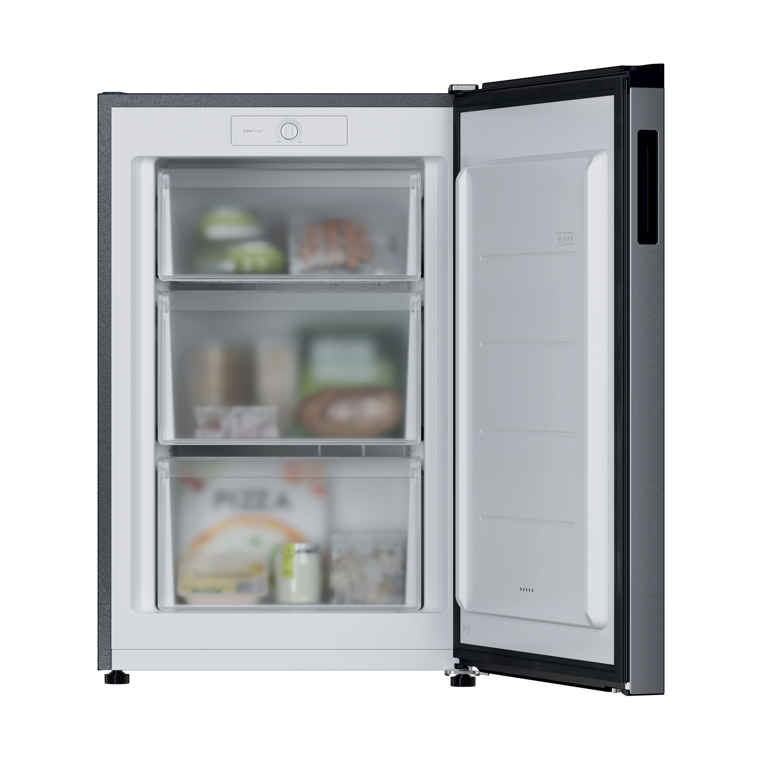 Un frigorifero con la porta aperta, che rivela tre cassetti pieni di cibo. Il congelatore è grigio, con interno bianco. È visibile il controllo Low Frost.