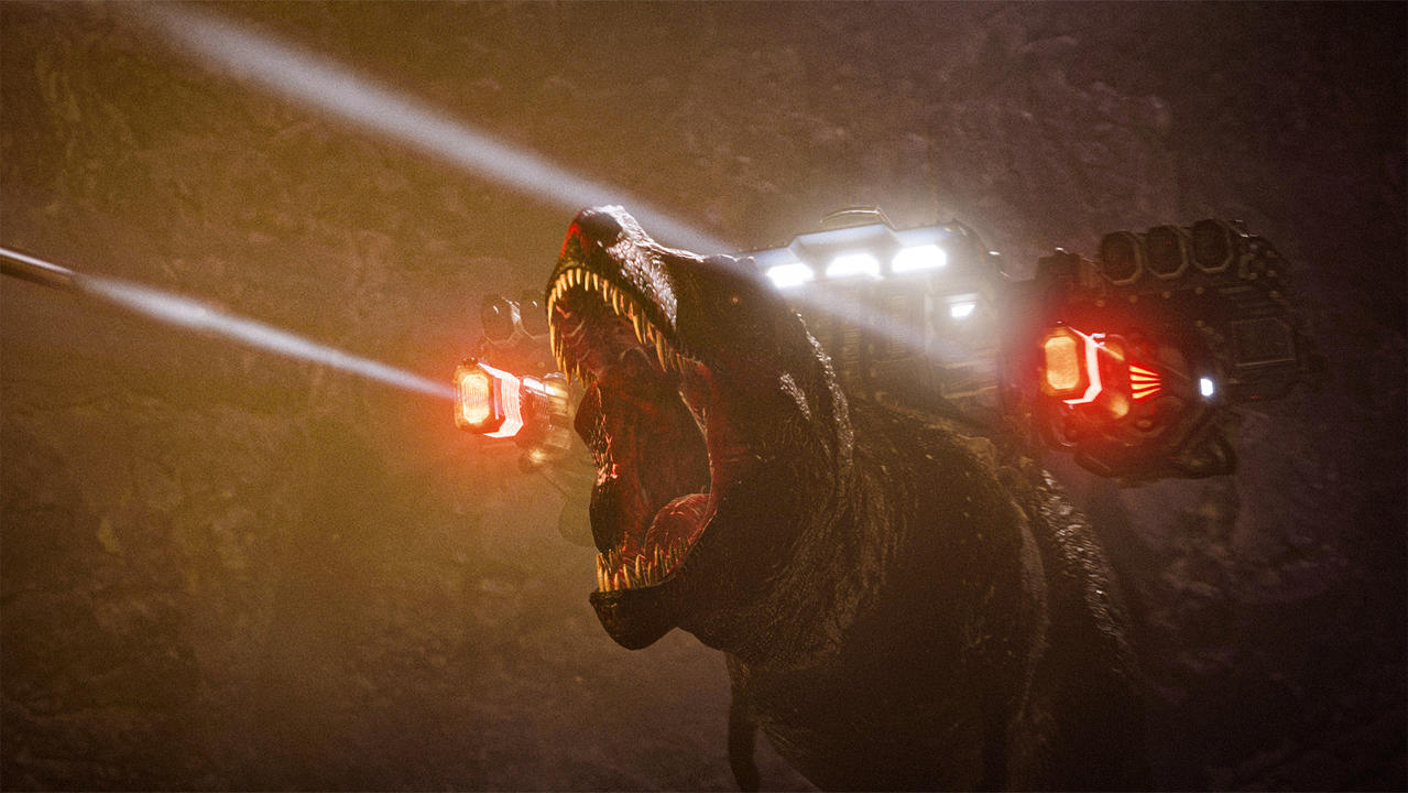 Ein Dinosaurier mit offenem Maul und sichtbaren Zähnen, beleuchtet von roten Lichtern. Ein Fahrzeug befindet sich darüber, Lichter an. Dunkler Hintergrund.