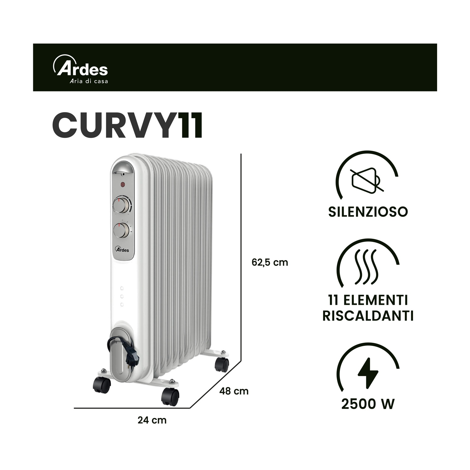 Radiatore a olio bianco. Ha 11 elementi riscaldanti, è silenzioso e ha una potenza di 2500W. Dimensioni: 24x48x62,5 cm.